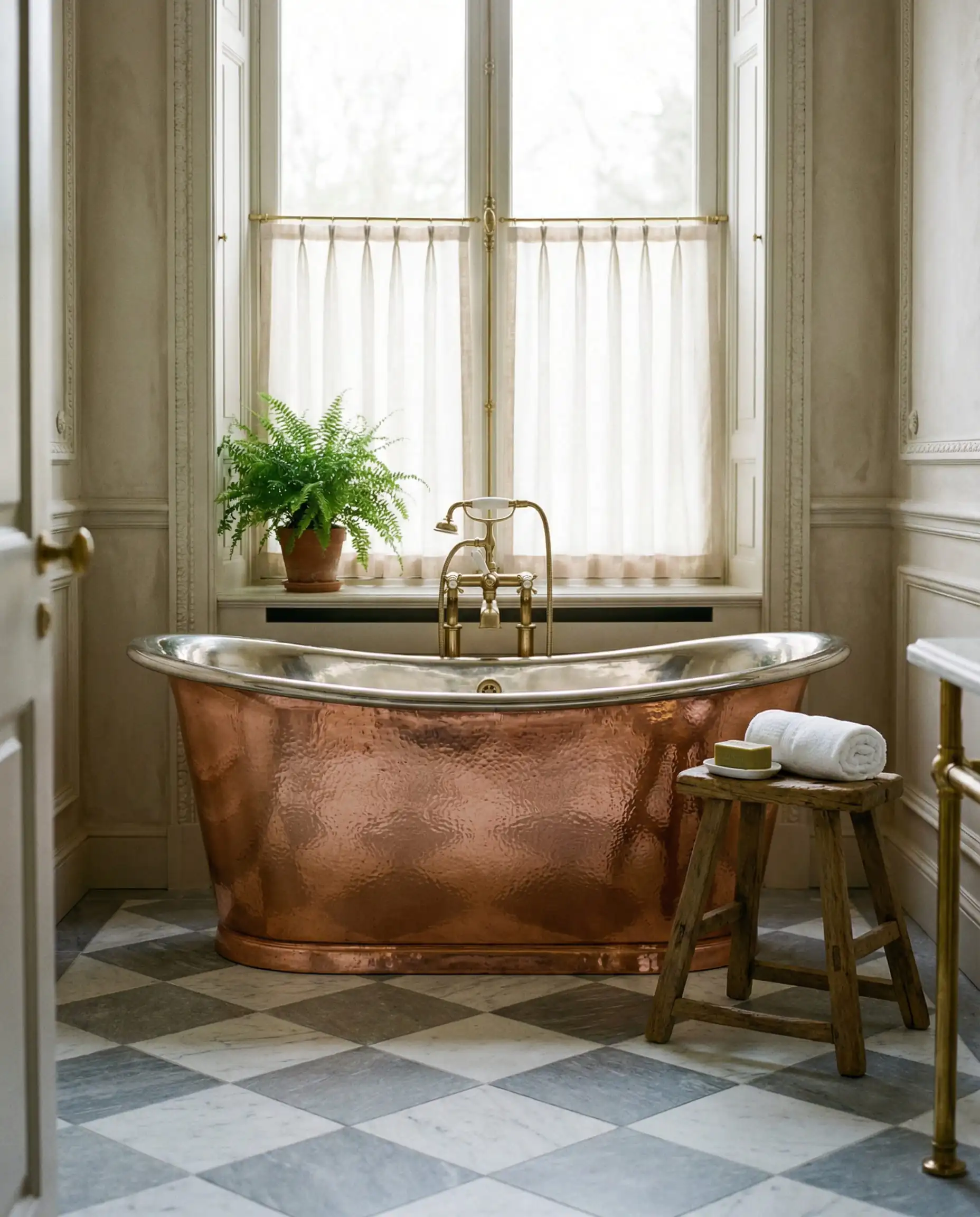 Luxury bathroom with a hammered copper freestanding bathtub on a checkerboard marble floor.