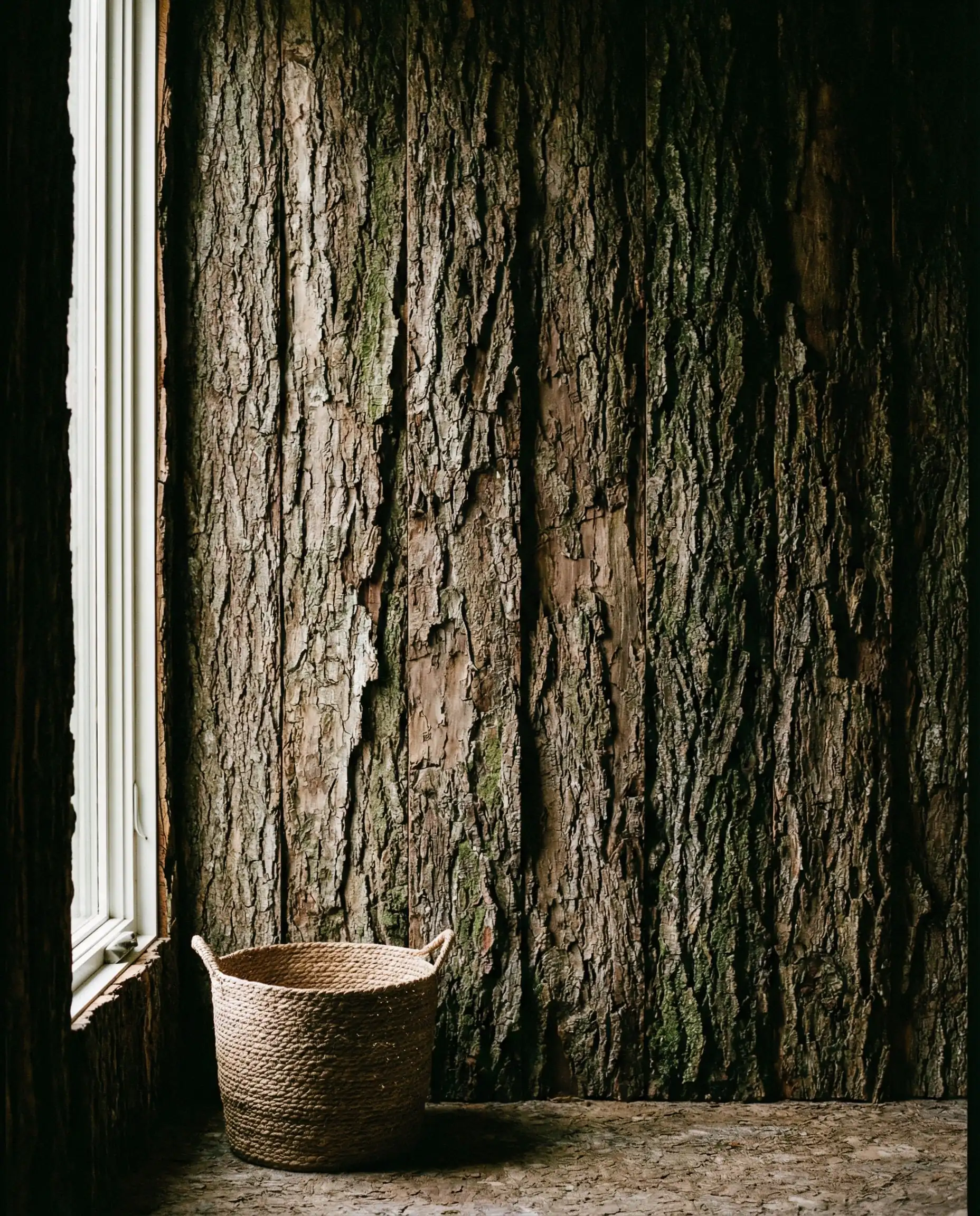 A detail shot of a wall covered in 'bark skin' wall covering—thin veneers of craggy, untreated tree bark. This interior features Varied tones of natural deep brown, taupe, and forest floor moss tones and a raw, rugged, biophilic atmosphere.