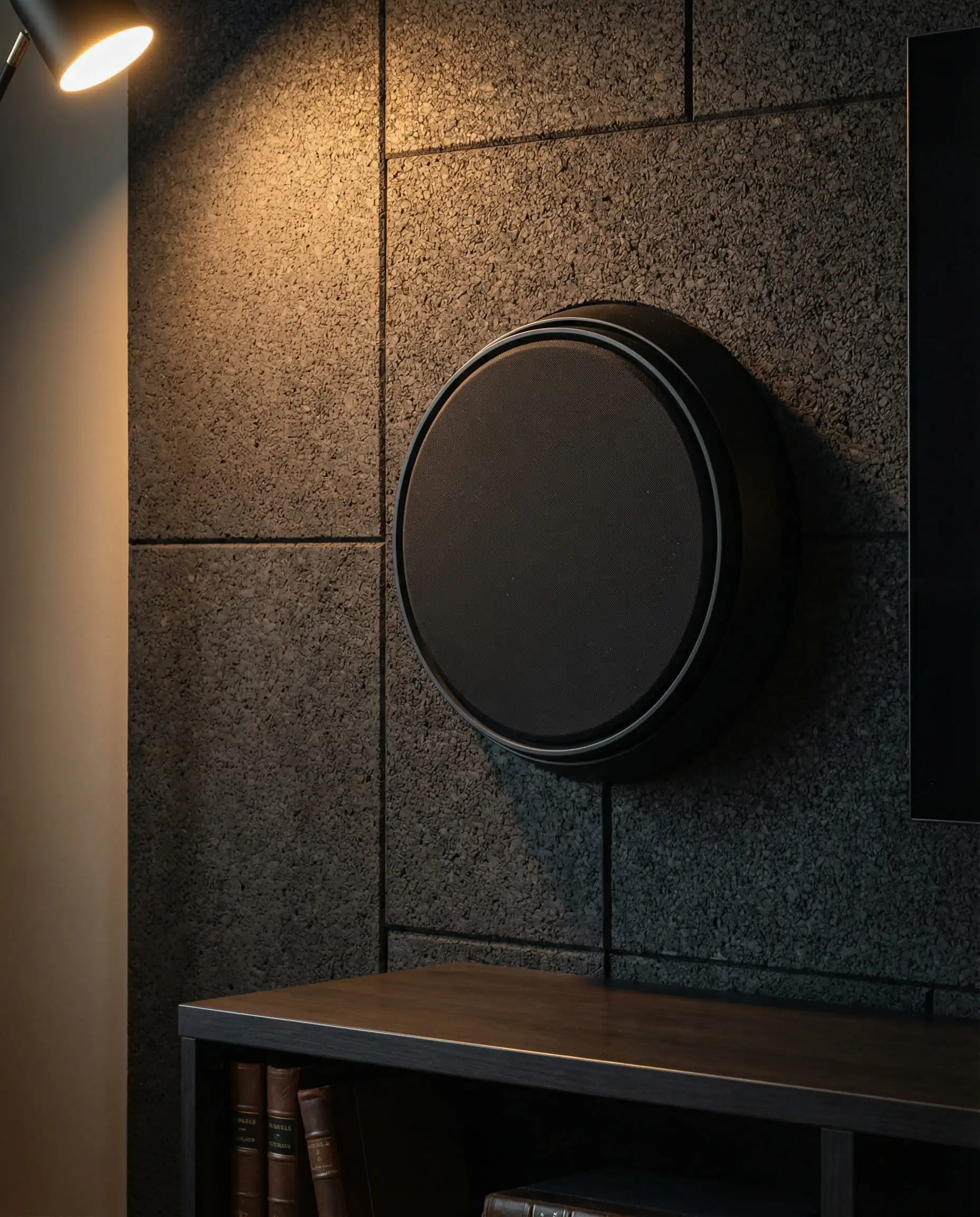 A small accent panel in a living room, covered in thick, dark-stained cork sheets used for acoustic dampening. This living room features Deep matte charcoal, soft black, and warm lighting glow tones and a functional, grounded, tactile atmosphere.