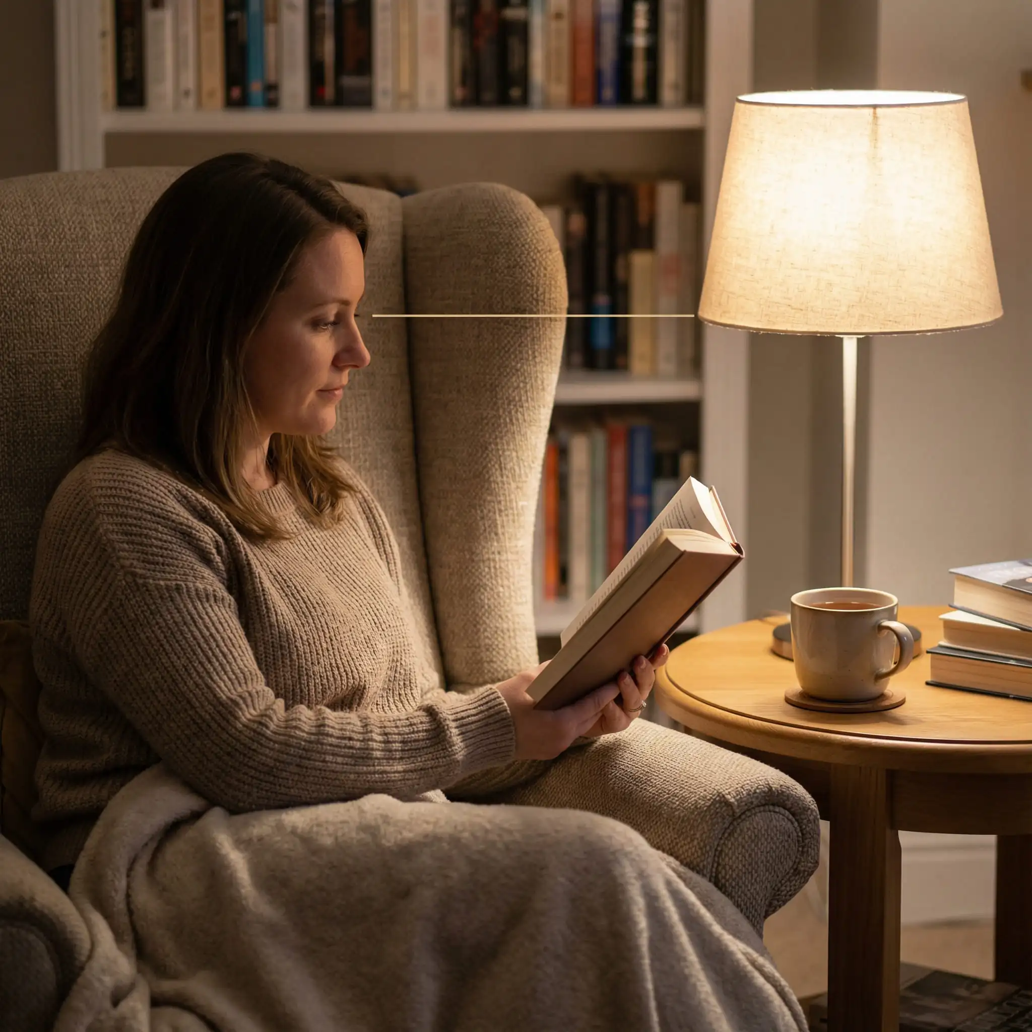 Side view of a woman reading in an armchair, showing the bottom of the lampshade aligned with her eye level.