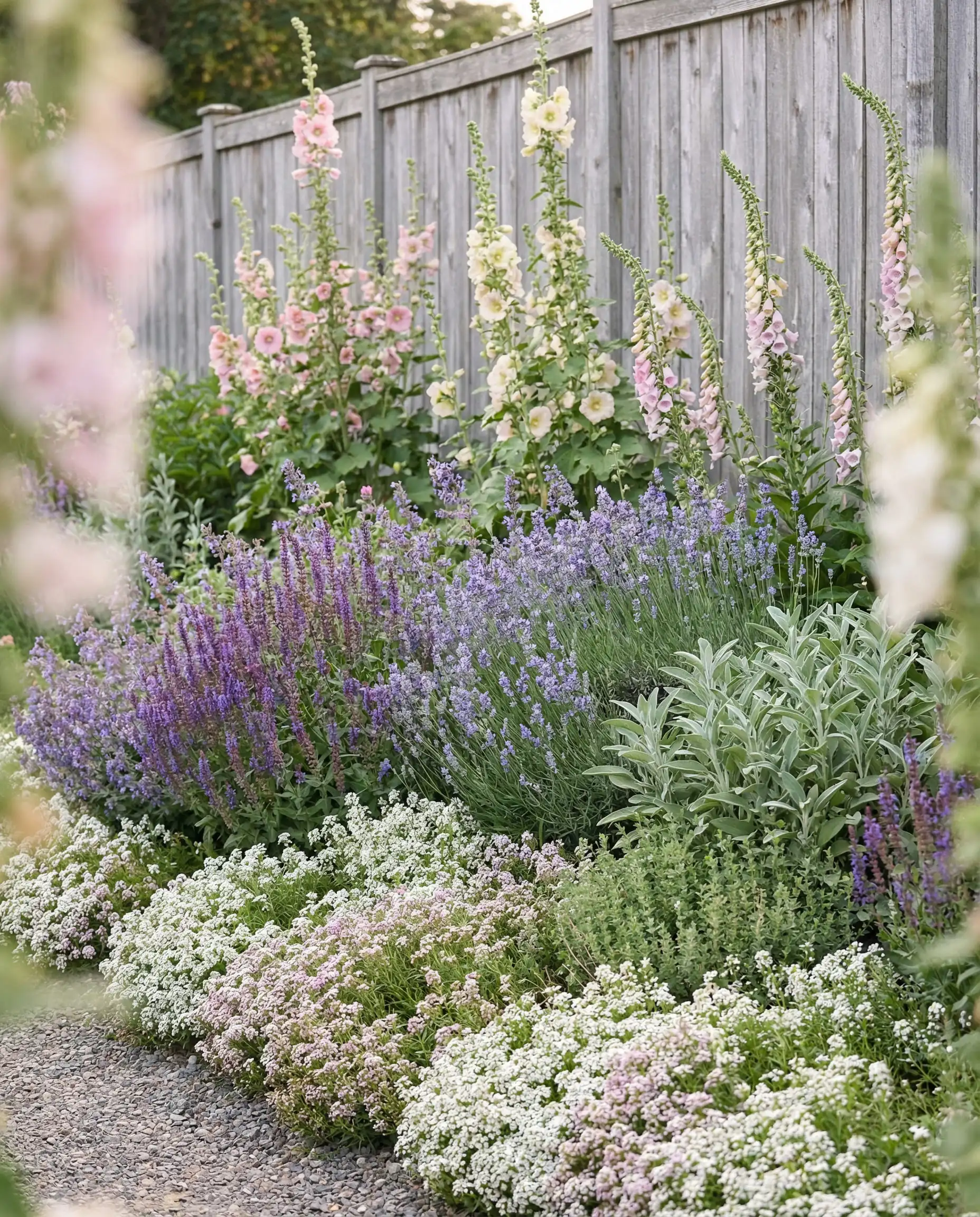 Wide shot of a dense, layered cottage garden border with hollyhocks and lavender against a wooden fence.