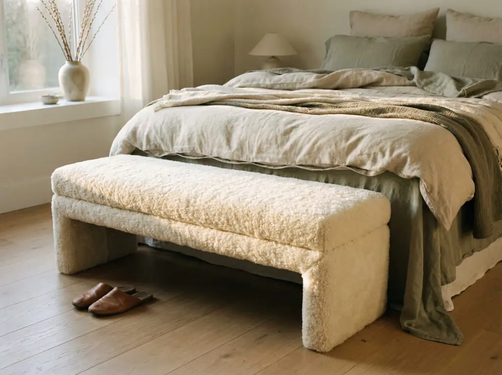 Un long pouf bas et étroit, recouvert d'un tissu en peau de mouton retournée crème duveteux, est placé au pied d'un lit aux draps vert sauge dans une chambre baignée de soleil.