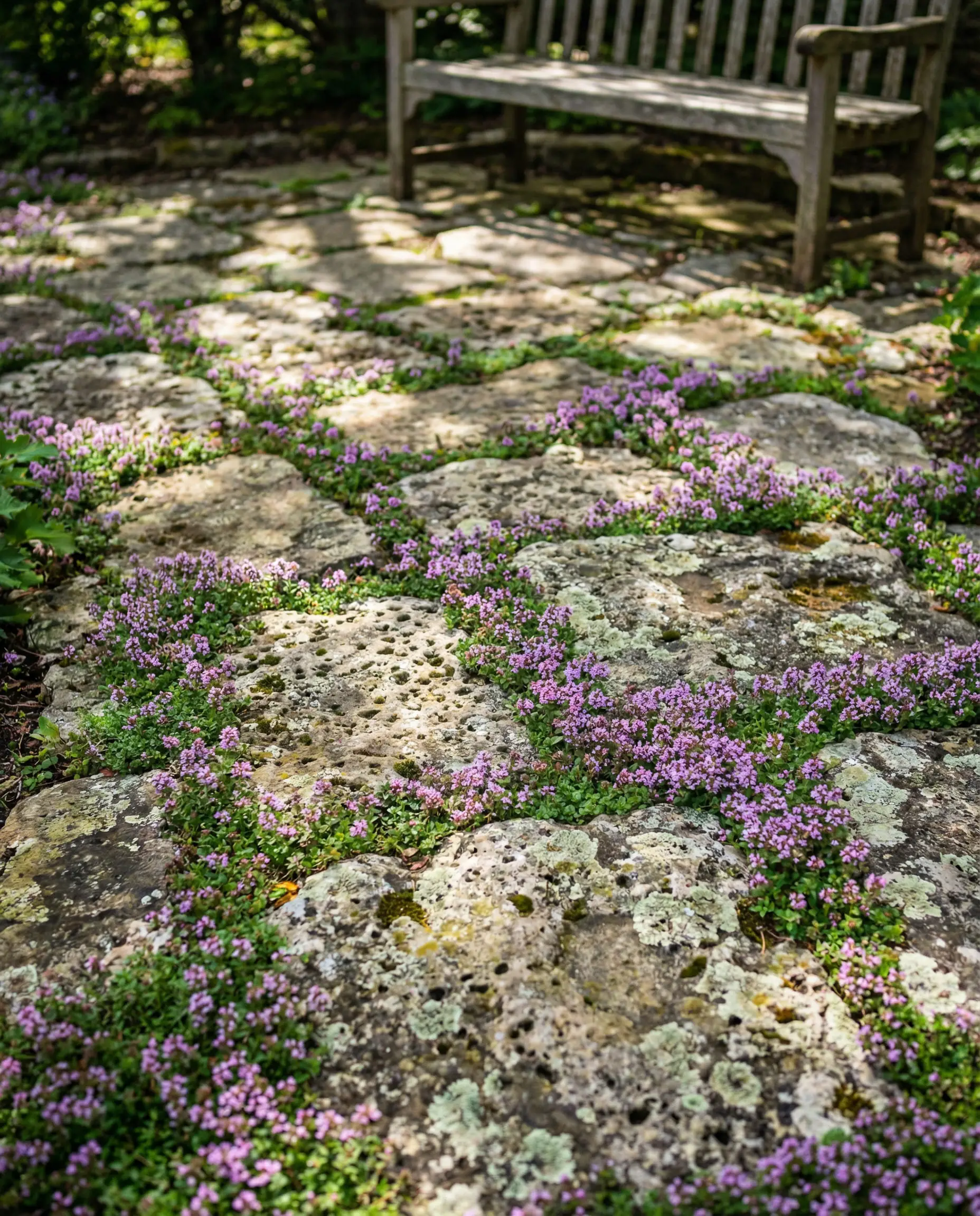 Stone garden path with purple creeping thyme flowers growing in the gaps between flagstones.