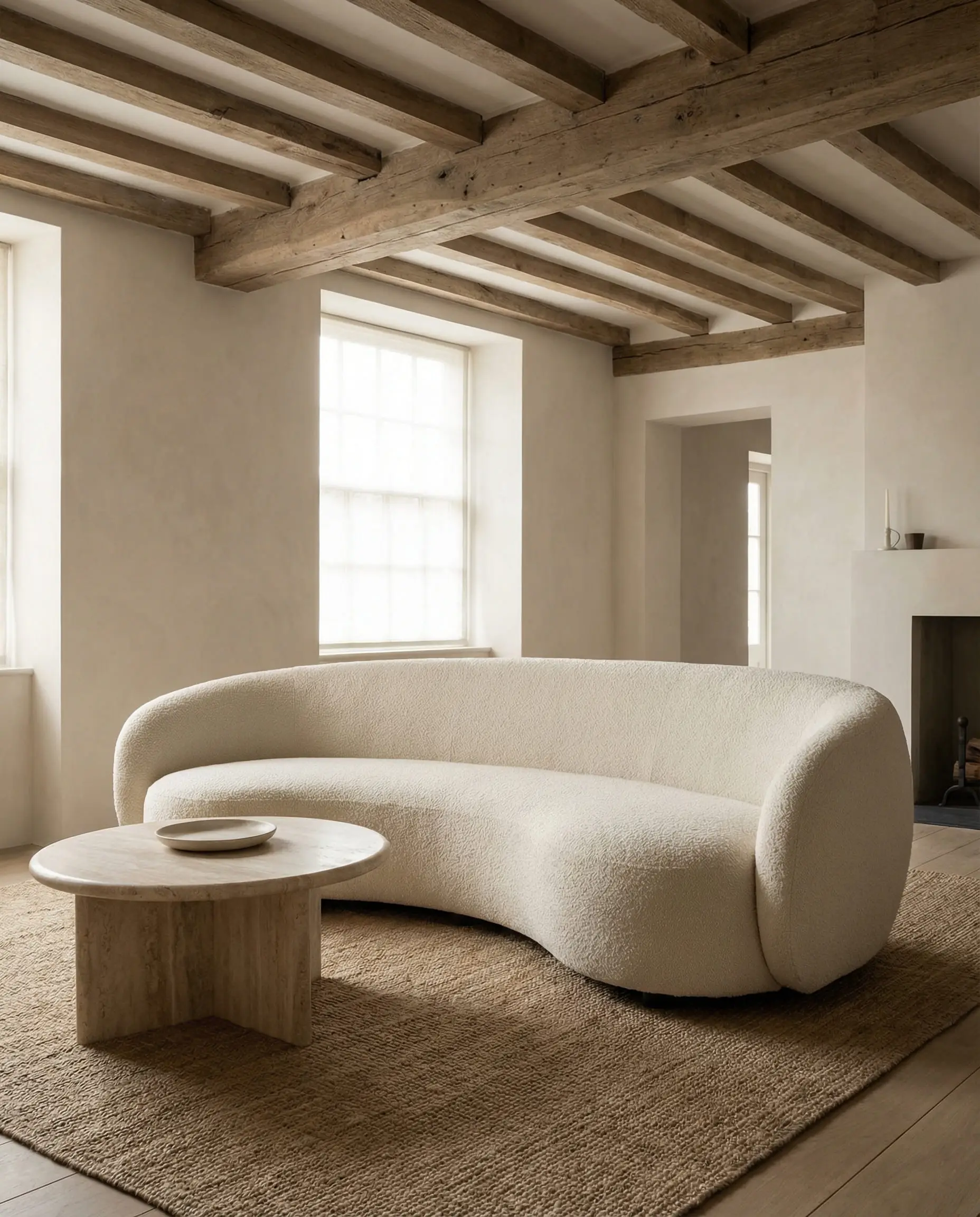 Organic modern living room featuring a curved cream boucle sofa and round travertine coffee table.