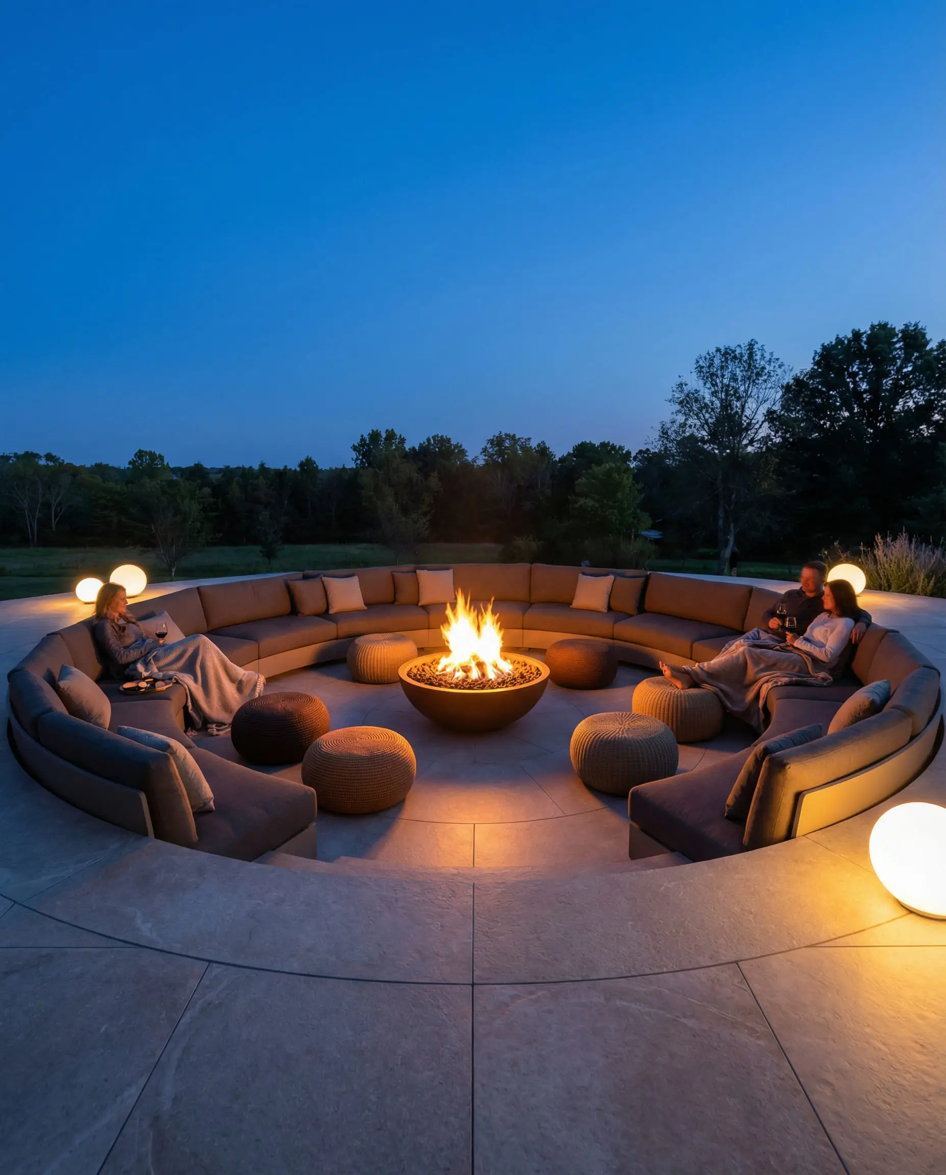 Circular outdoor patio layout featuring a curved sectional sofa and round ottomans around a fire bowl.