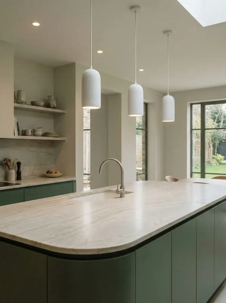 Trois suspensions cylindriques blanc mat surplombent un îlot de cuisine incurvé en quartzite avec évier intégré.