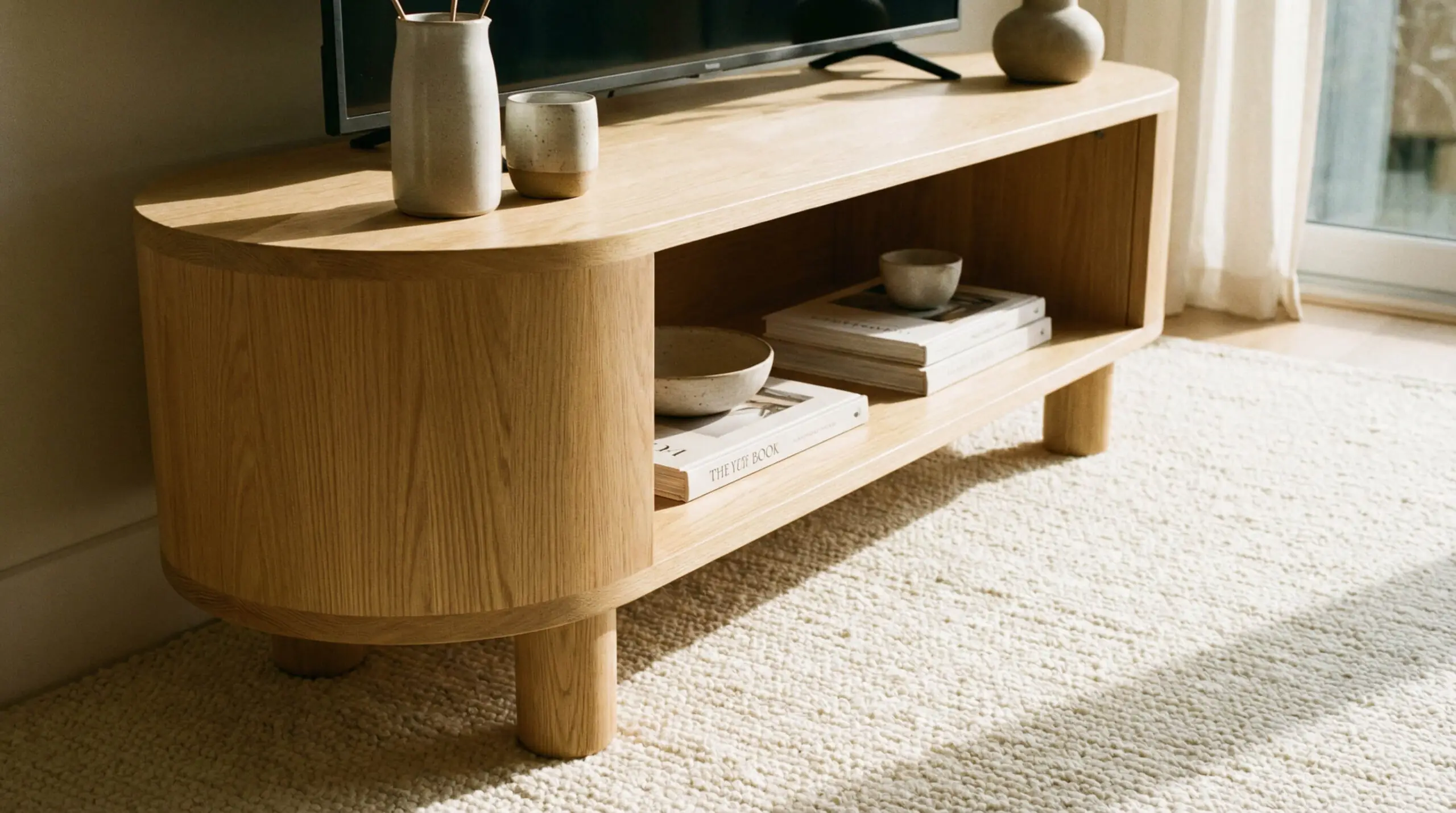 Blonde white oak TV stand featuring rounded radiused ends and chunky cylindrical legs on a cream bouclé rug.