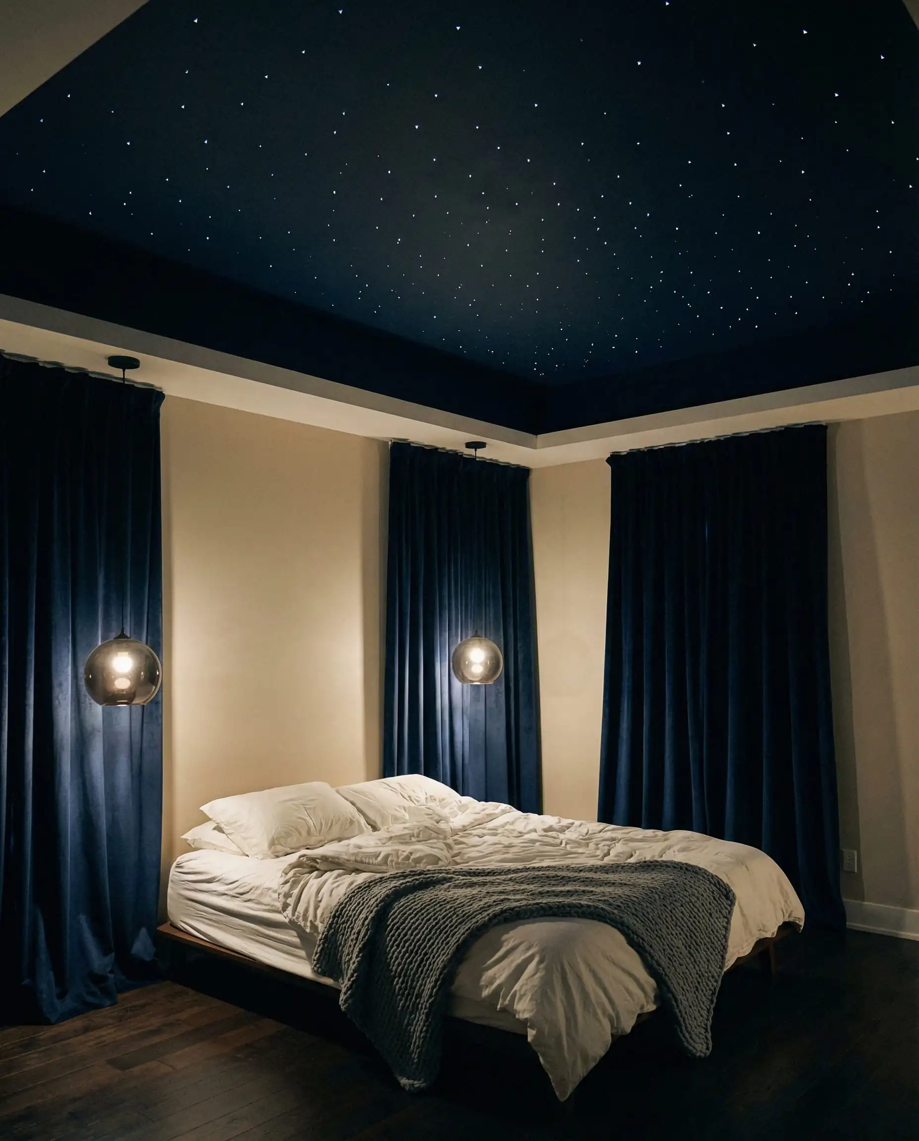 Chambre principale avec plafond peint en bleu nuit, éclairage étoilé intégré à fibres optiques et rails de rideaux dissimulés.