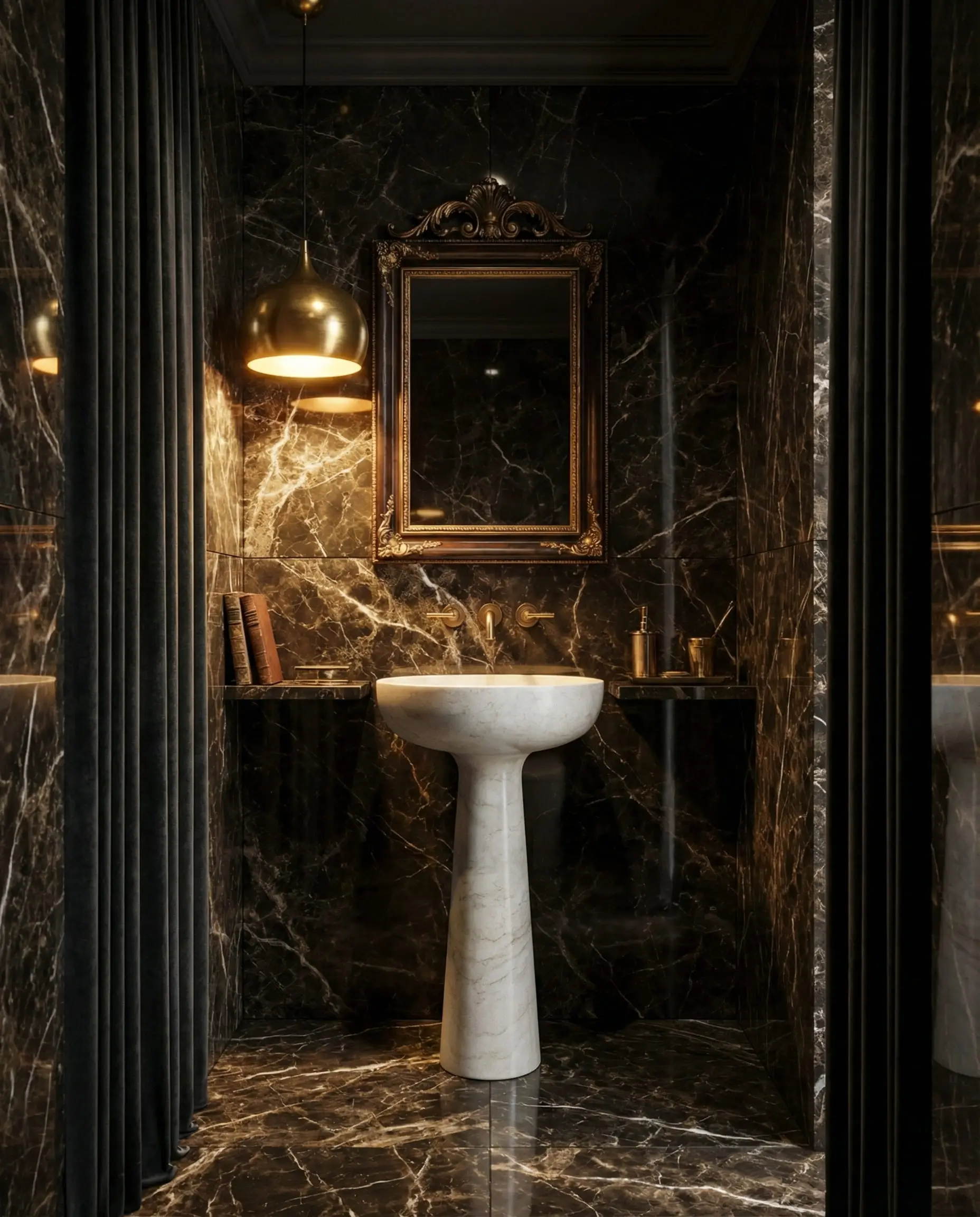 Une salle d'eau d'ambiance très luxueuse avec des murs revêtus de grandes dalles de marbre brun Emperador foncé très brillant avec des veines blanches et dorées.