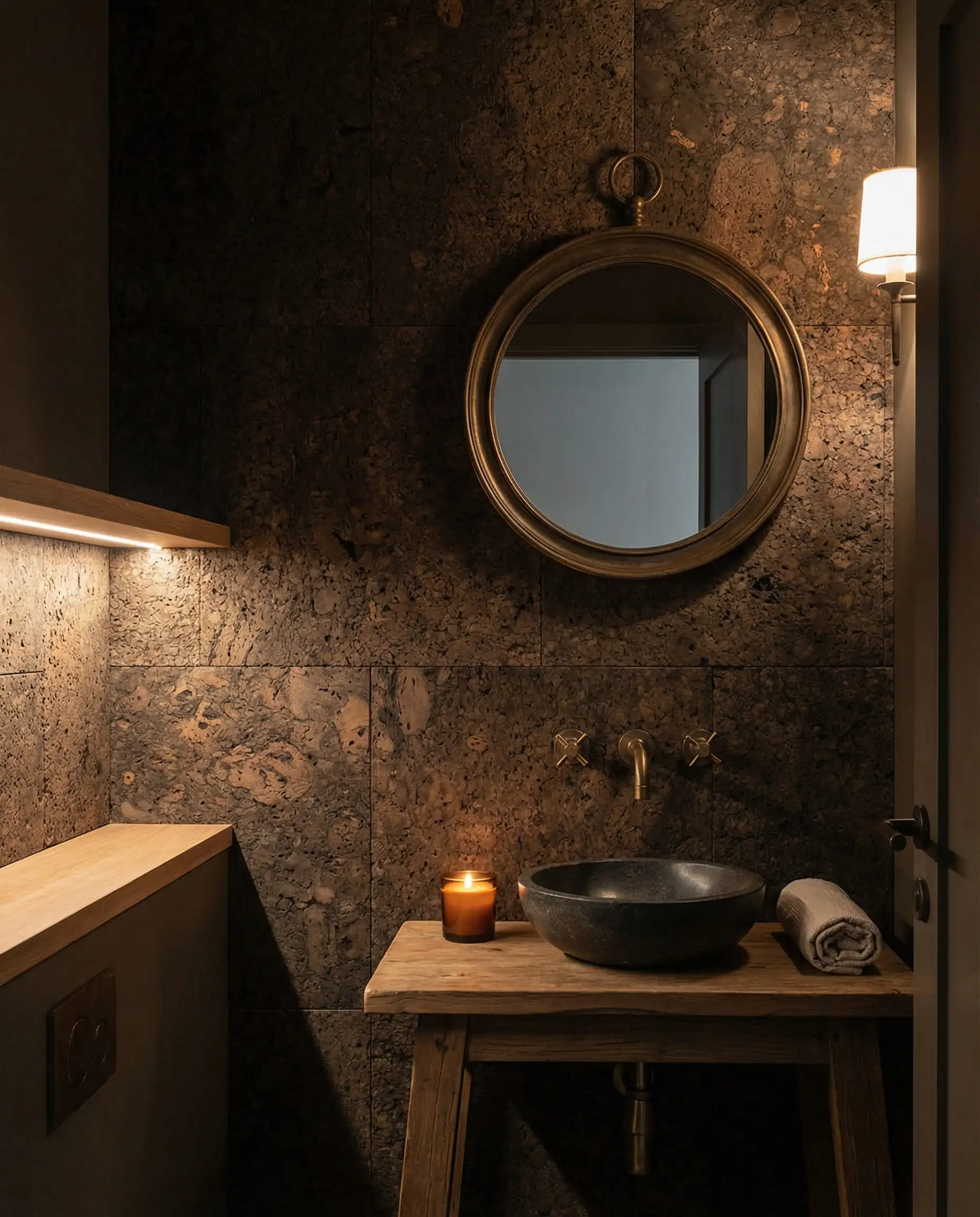 Une salle d'eau d'ambiance sophistiquée avec un mur d'accent recouvert de grandes dalles de liège fumé foncé.