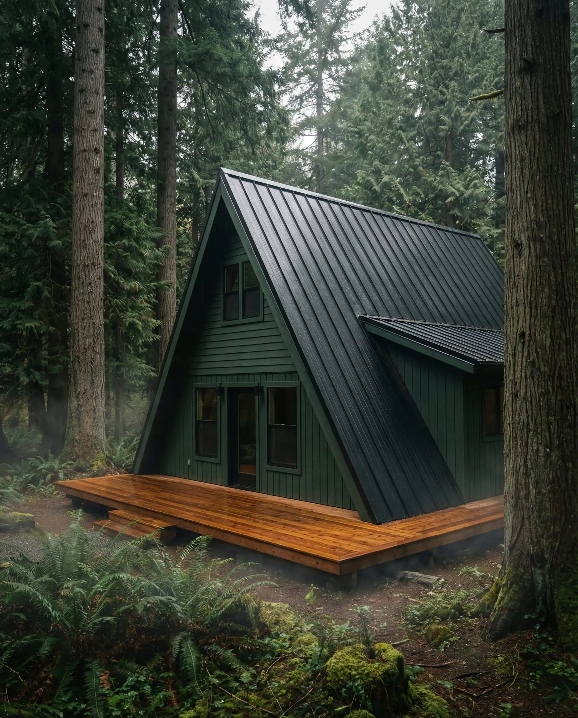 A modern A-frame cabin painted in deep Pewter Green, blending seamlessly into a misty pine forest background.
