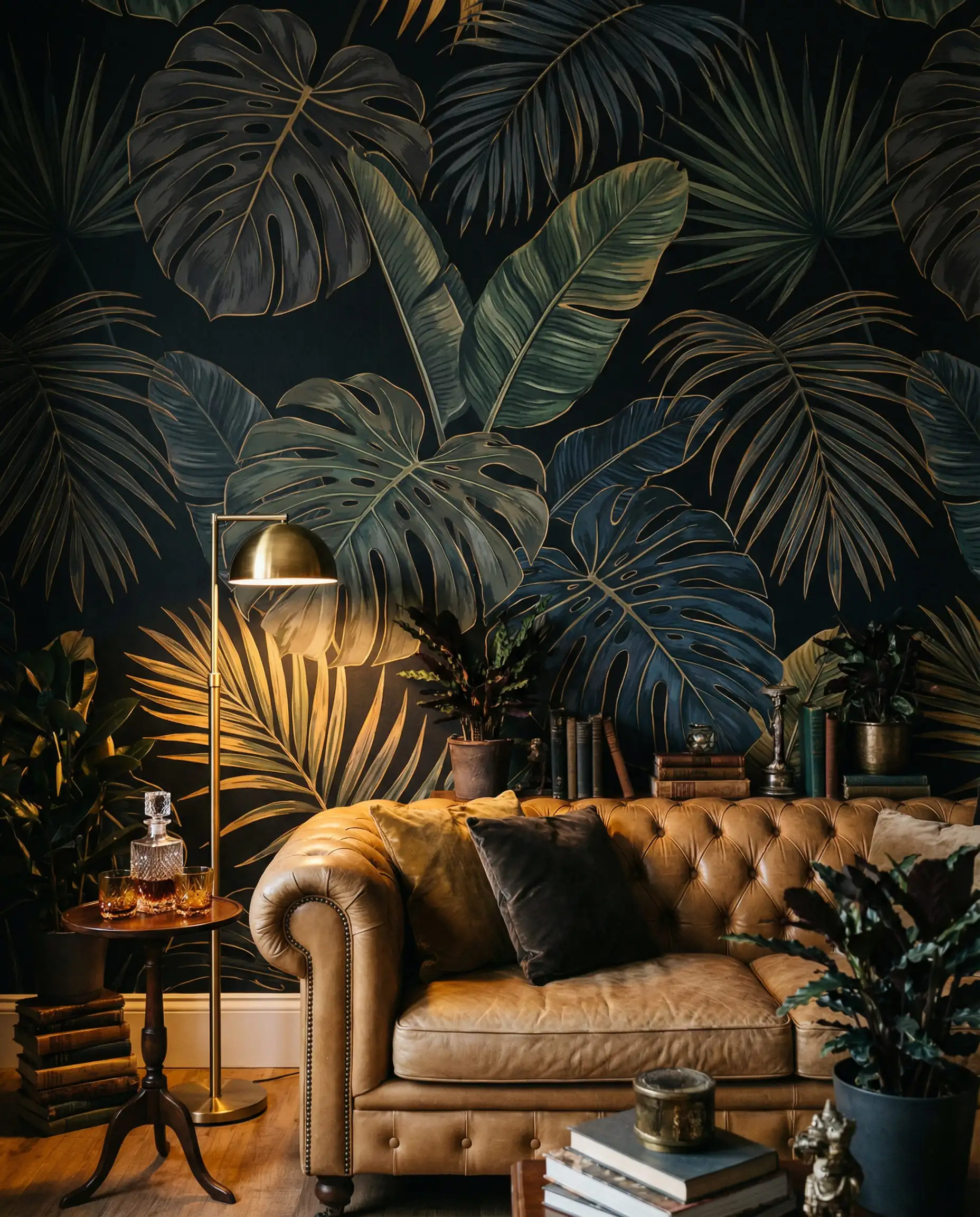 Maximalist feature wall with oversized dark botanical leaves on a black background behind a leather sofa.