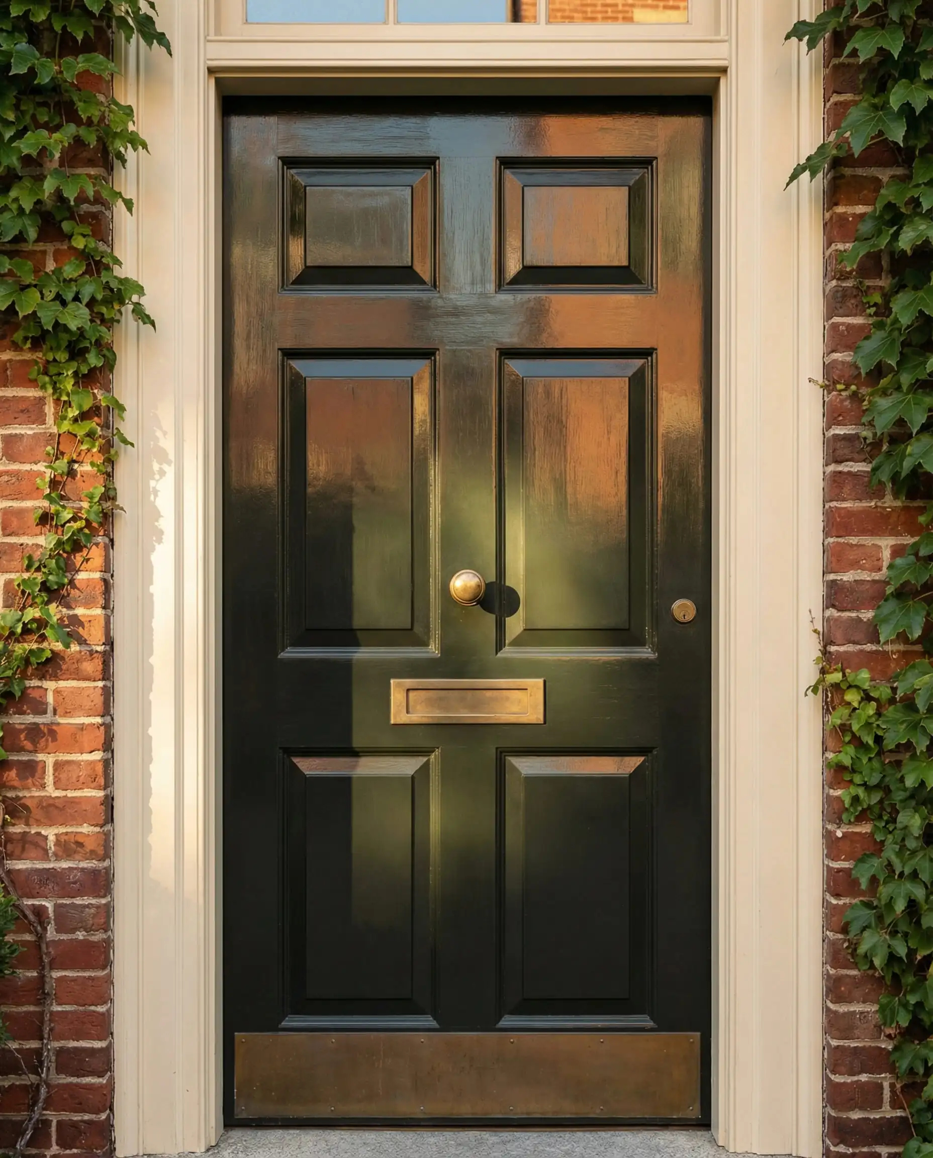 Porte d'entrée à six panneaux vert olive foncé avec quincaillerie et plinthe en laiton non verni sur une maison en briques rouges.