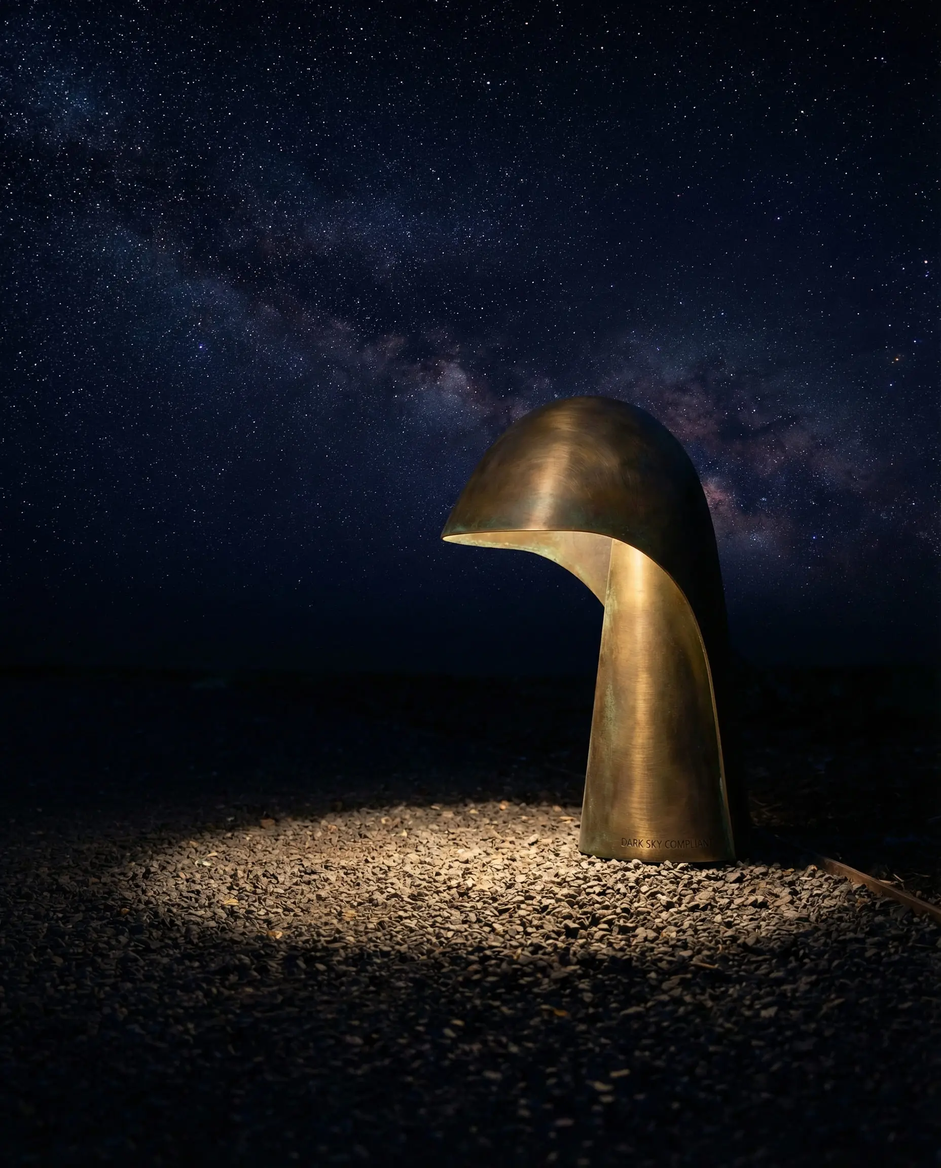 Downward-facing brass garden path light illuminating the ground without upward glare.