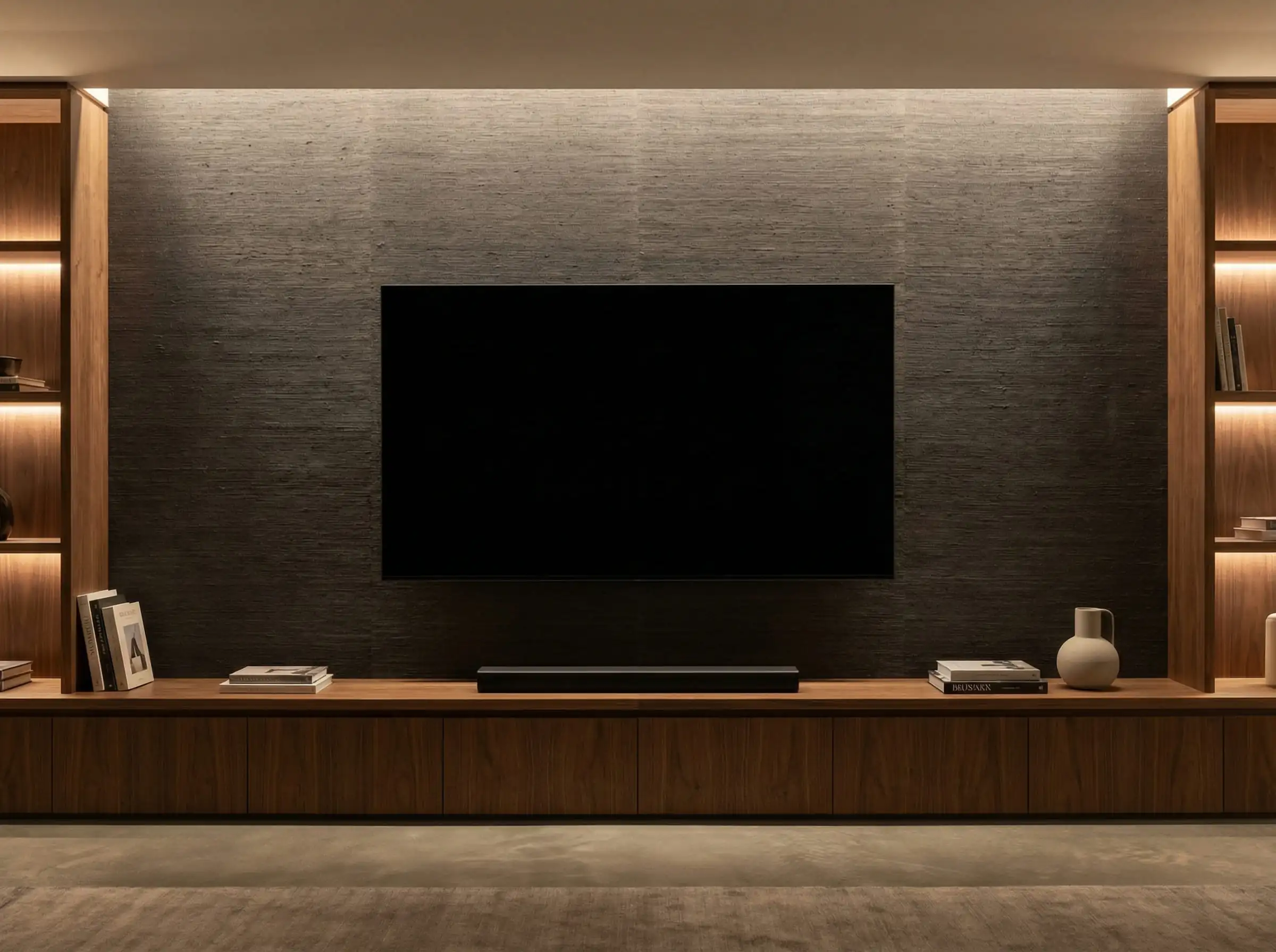 Living room media wall with dark charcoal grasscloth wallpaper blending in with the black screen of a turned-off TV.