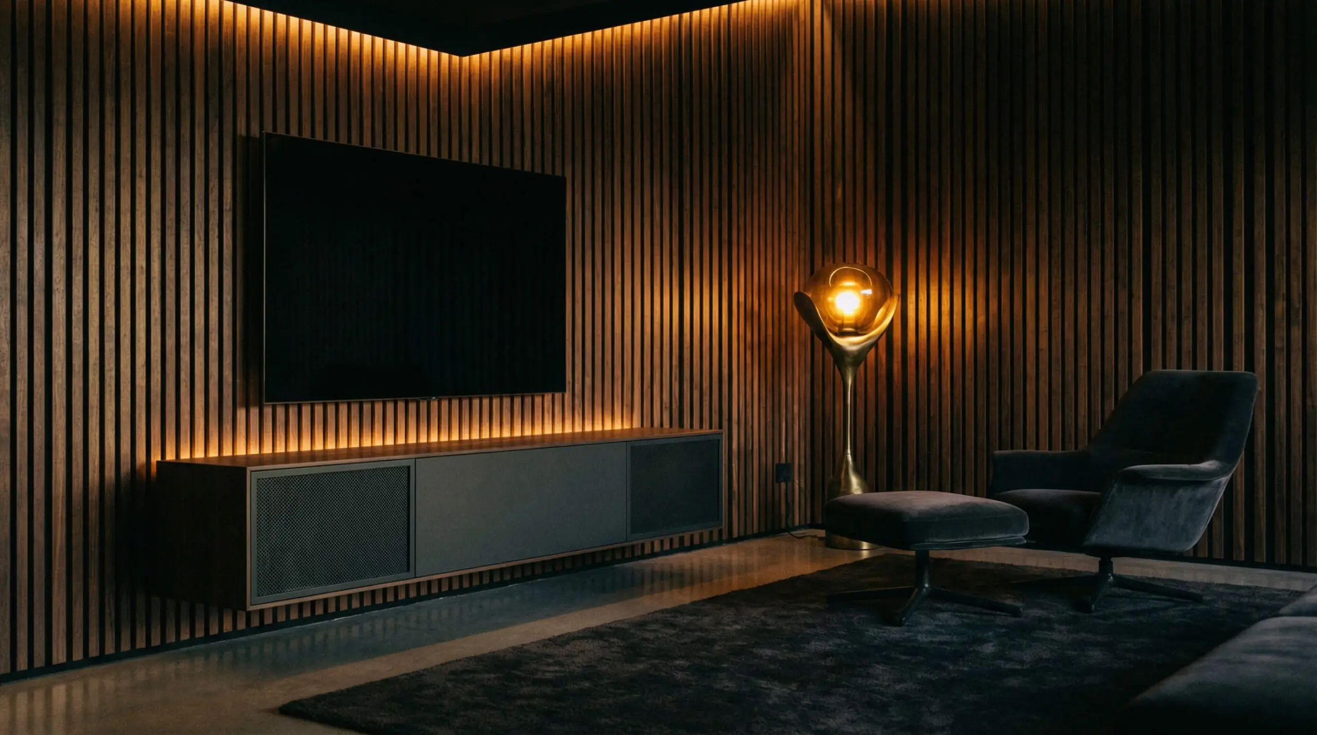 Dark roasted walnut acoustic slat media wall with a charcoal grey floating cabinet, amber LED lighting, and a moody cinema atmosphere.