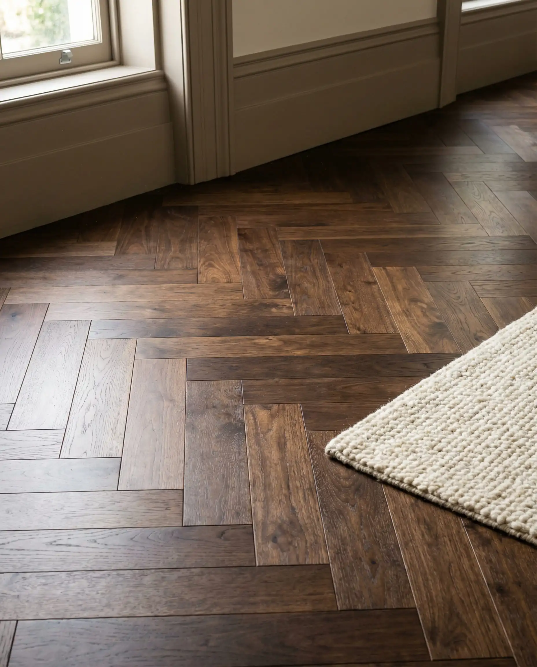 Dark American walnut engineered hardwood flooring laid in a herringbone pattern with natural light reflection.
