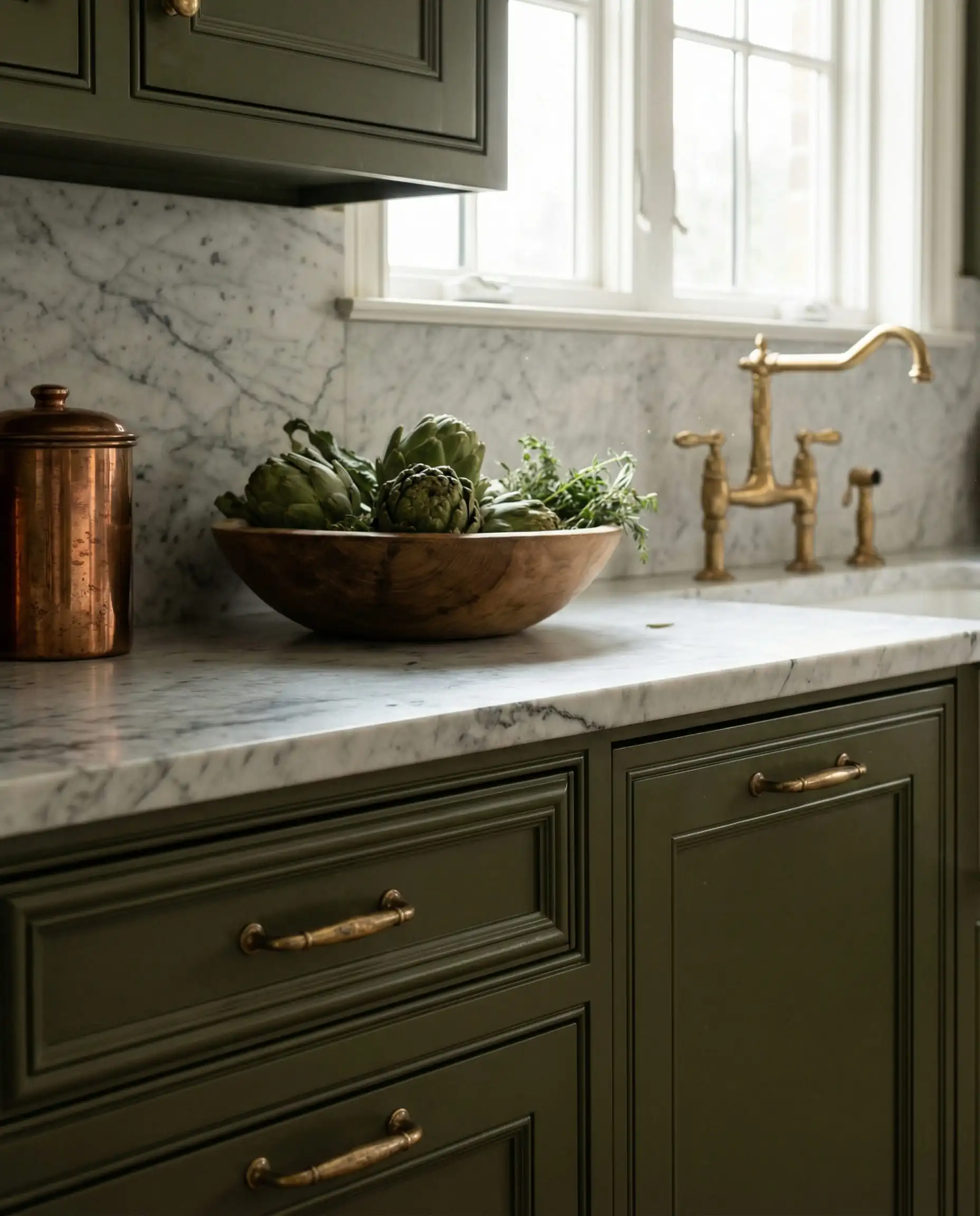 Vertical close-up of dark olive green shaker cabinets with unlacquered brass hardware and honed marble countertops.