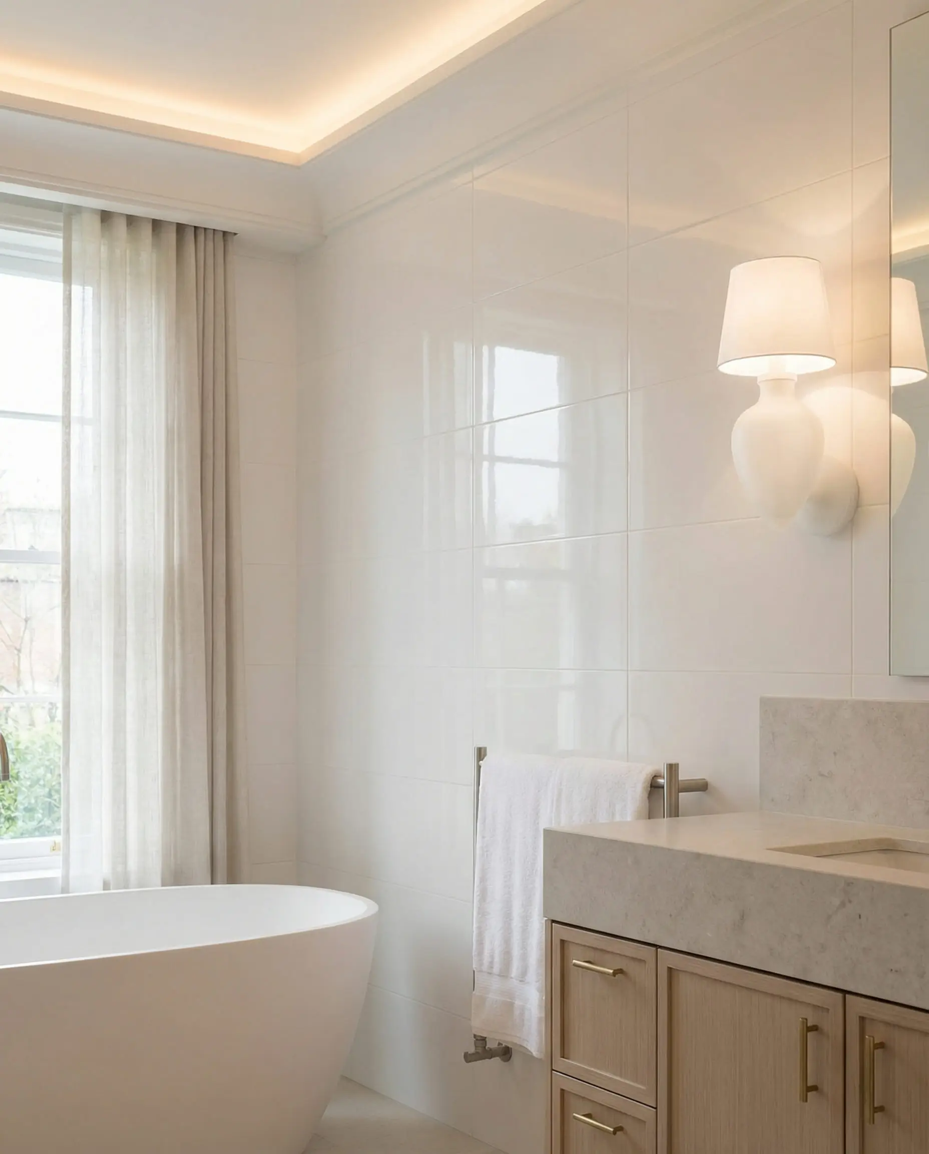 Une salle de bain tranquille et élégante se concentrant sur un mur de carreaux de céramique blancs grand format très brillants avec un minimum de joint ton sur ton.