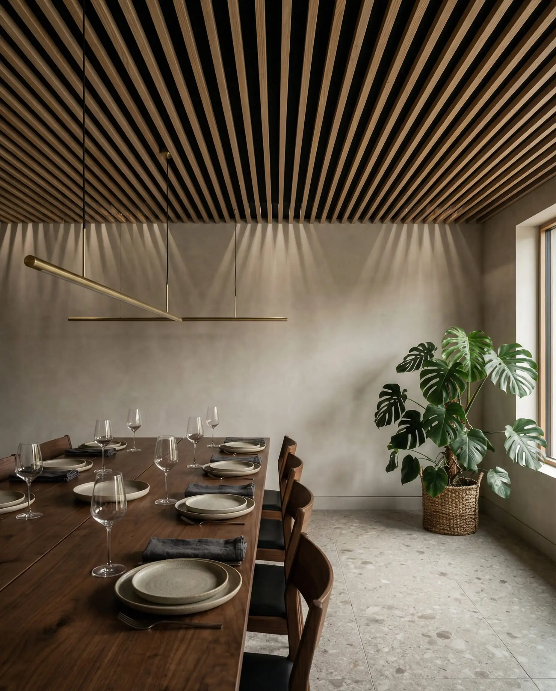 Salle à manger contemporaine avec un plafond à caissons linéaires en bois de frêne, un fond en feutre acoustique noir et une suspension en laiton.