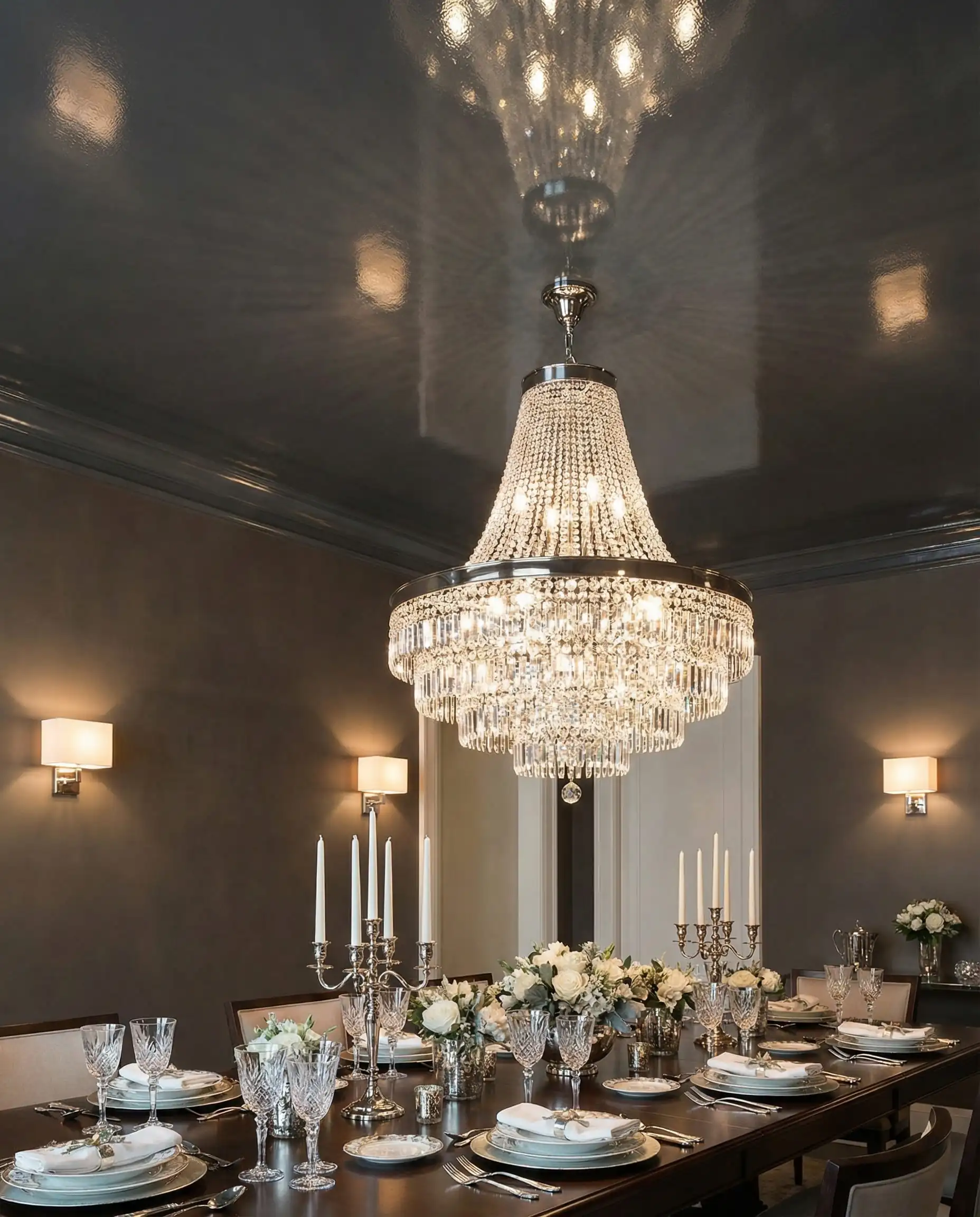 A luxurious dining room with walls painted in a deep, matte taupe. This dining room features Matte taupe, high-gloss charcoal, and glittering crystal/silver tones and a festive, glamorous, glittering atmosphere atmosphere.