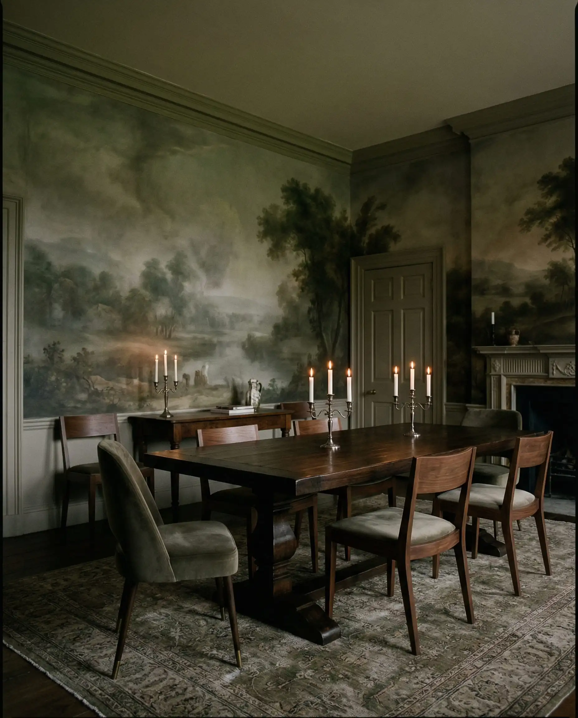 A formal dining room wrapped in a large-scale, panoramic scenic mural depicting a misty, antique-style pastoral landscape. This dining room features Muted moss green, foggy grey, and sepia tones, contrasted with dark wood tones and a atmospheric, transportive, introspective atmosphere.