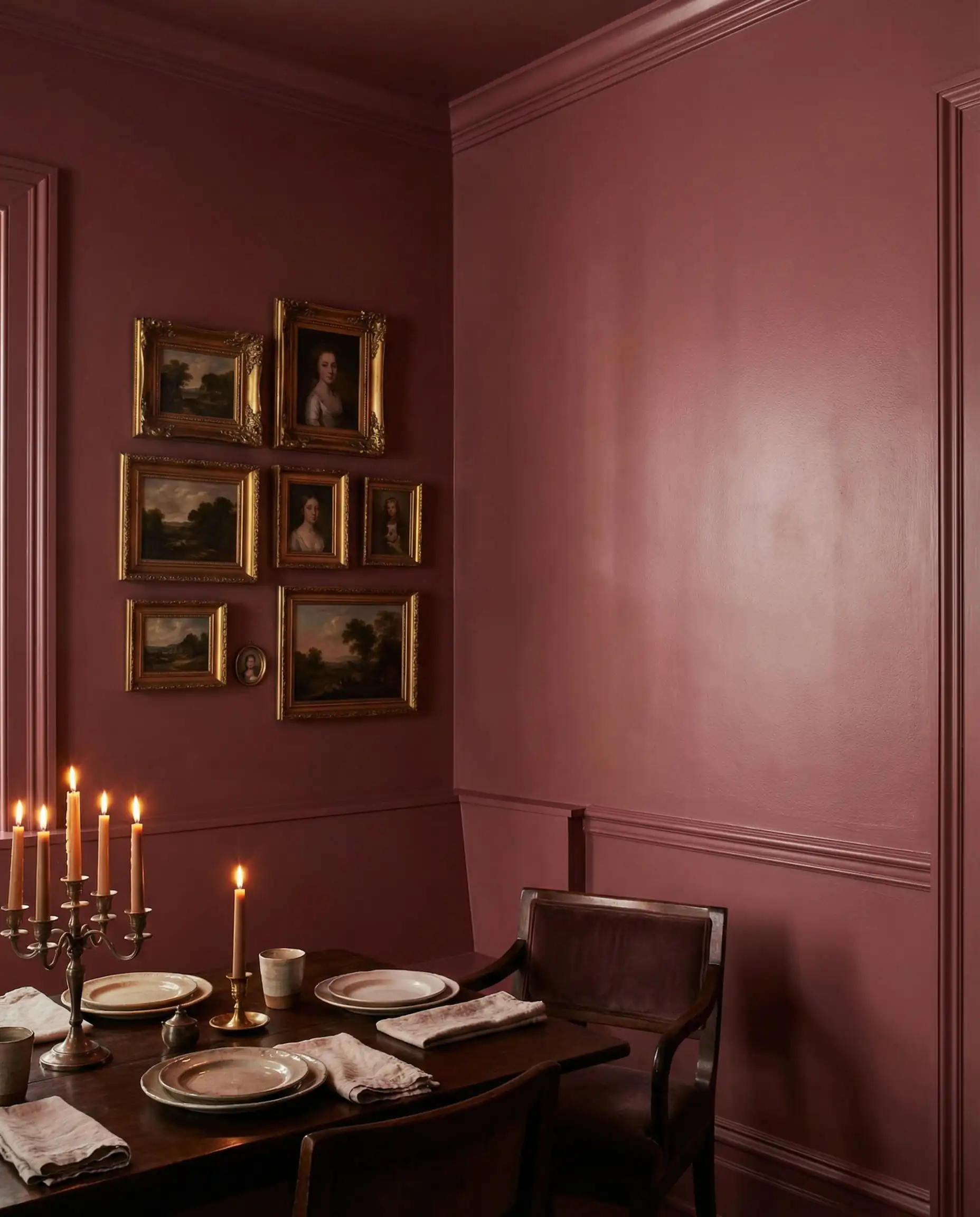 A corner of a dining room 'Color Drenched' in a deep, smoky mauve/red tone. This dining room features Smoky mauve/red, antique gold, and dark wood furniture tones and a atmospheric, romantic, luxurious atmosphere.