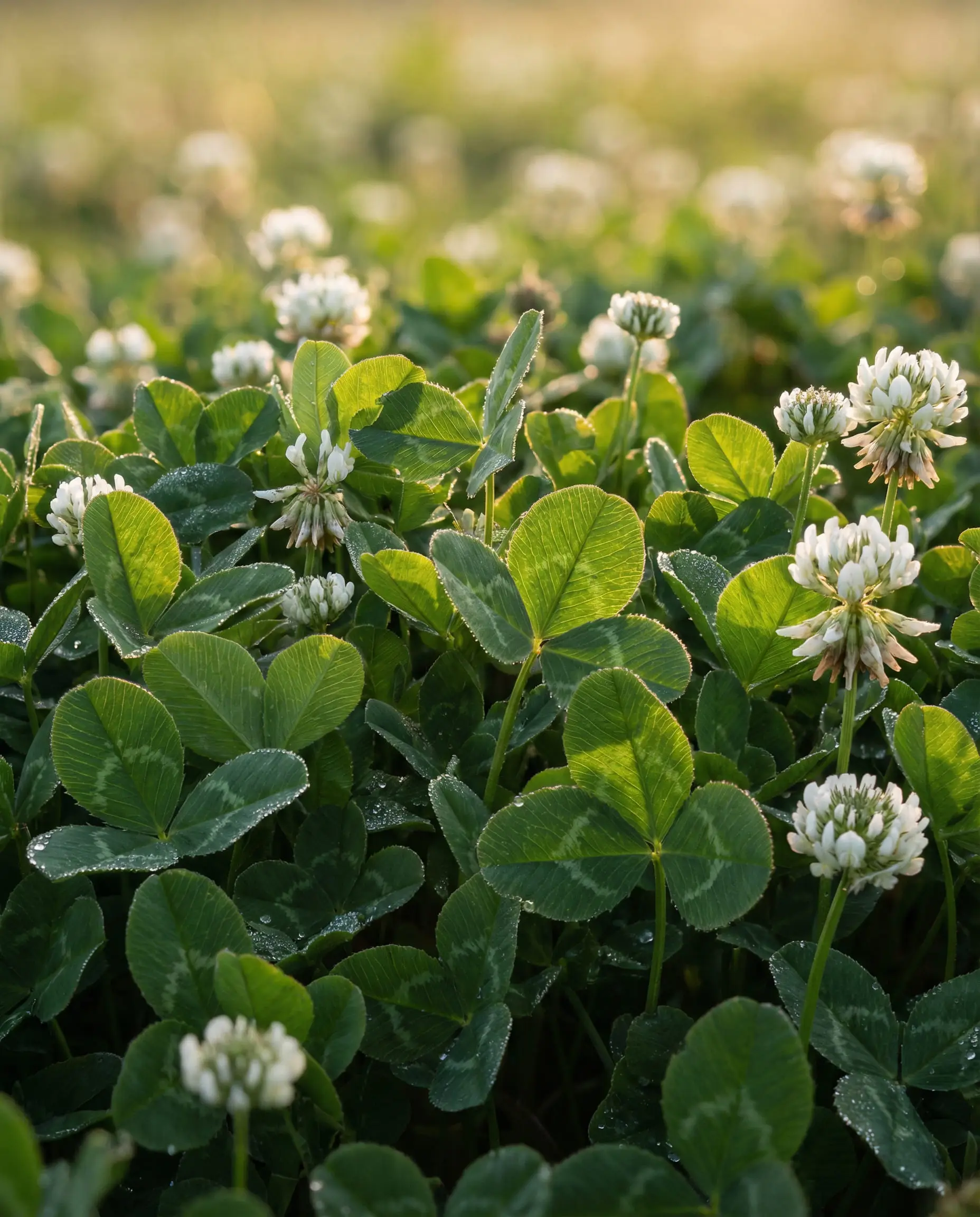 Close-up of a Dutch white clover lawn replacing traditional grass, showing green leaves and white flowers.