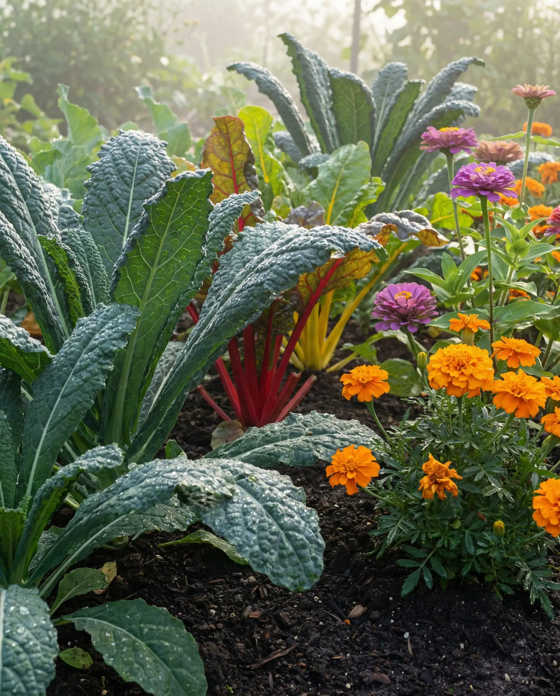 Garden bed combining edible kale and rainbow chard with ornamental marigolds and zinnias.