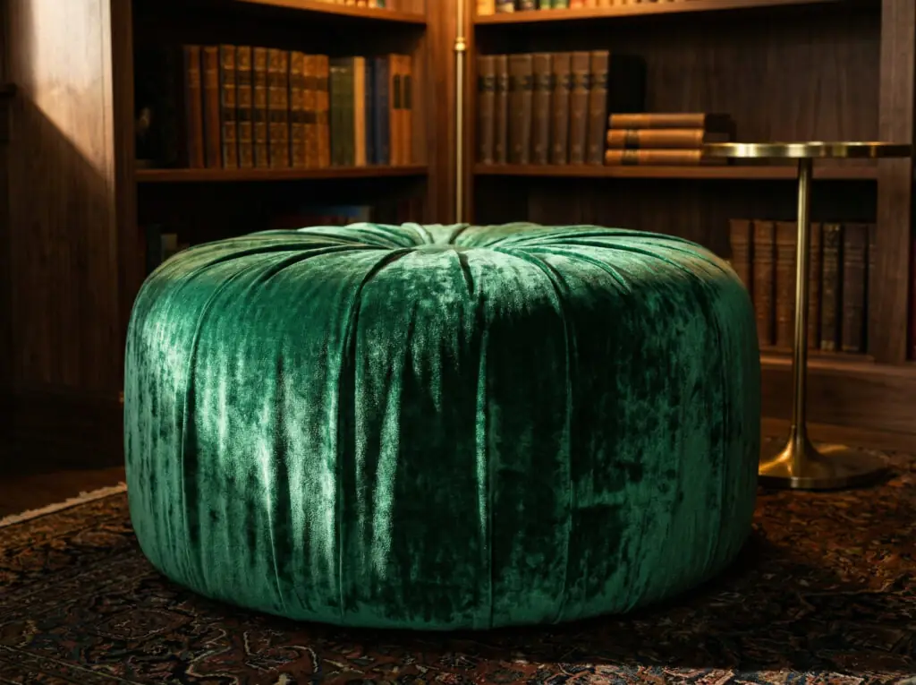 Pouf rond recouvert de velours plissé vert émeraude profond, mettant en valeur sa texture moelleuse et ses reflets lumineux dans un cadre de bibliothèque.
