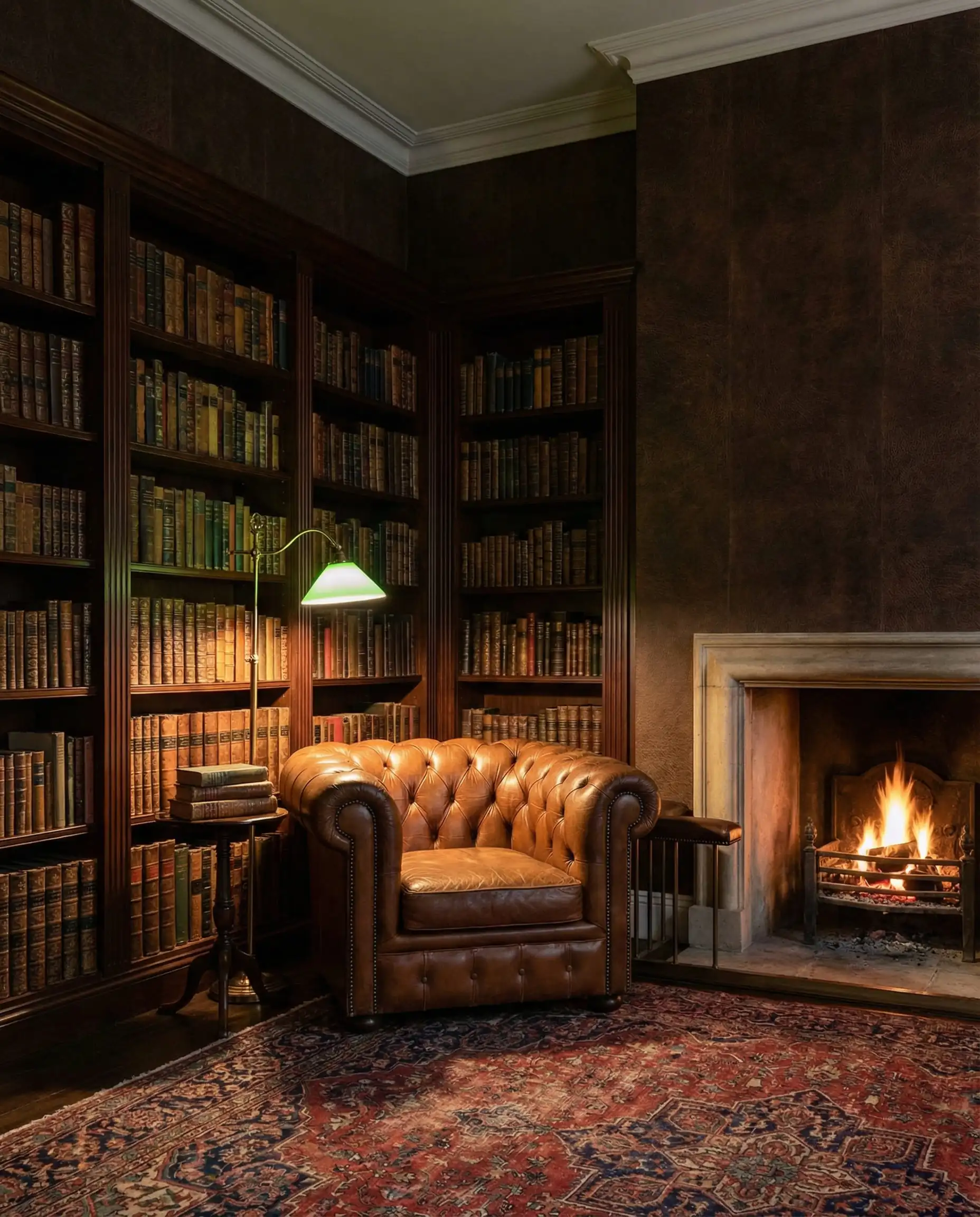Bibliothèque à domicile avec papier peint texturé marron expresso riche et meubles en acajou.