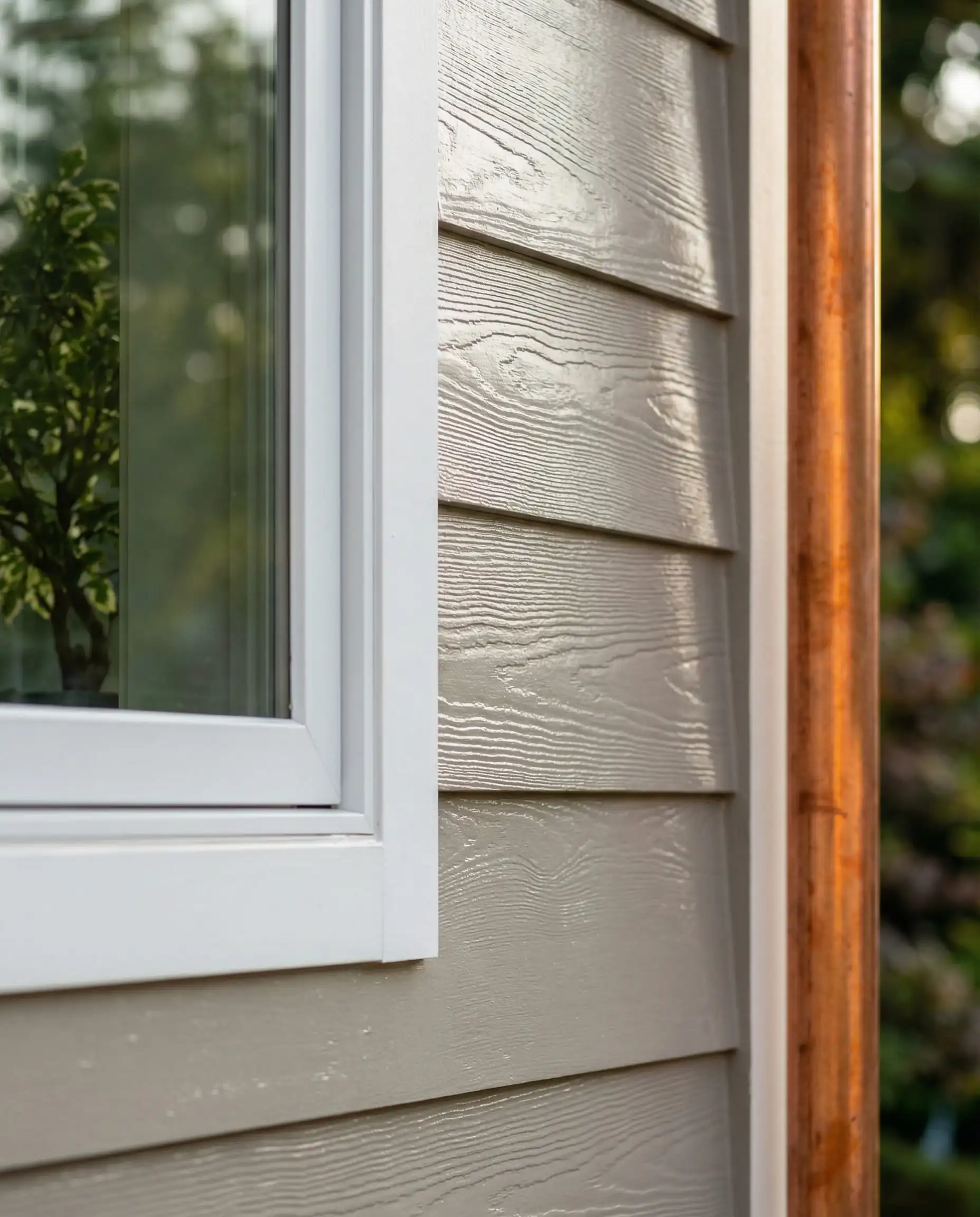 Macro shot of horizontal cedar lap siding painted in satin greige contrasting against crisp white window trim.