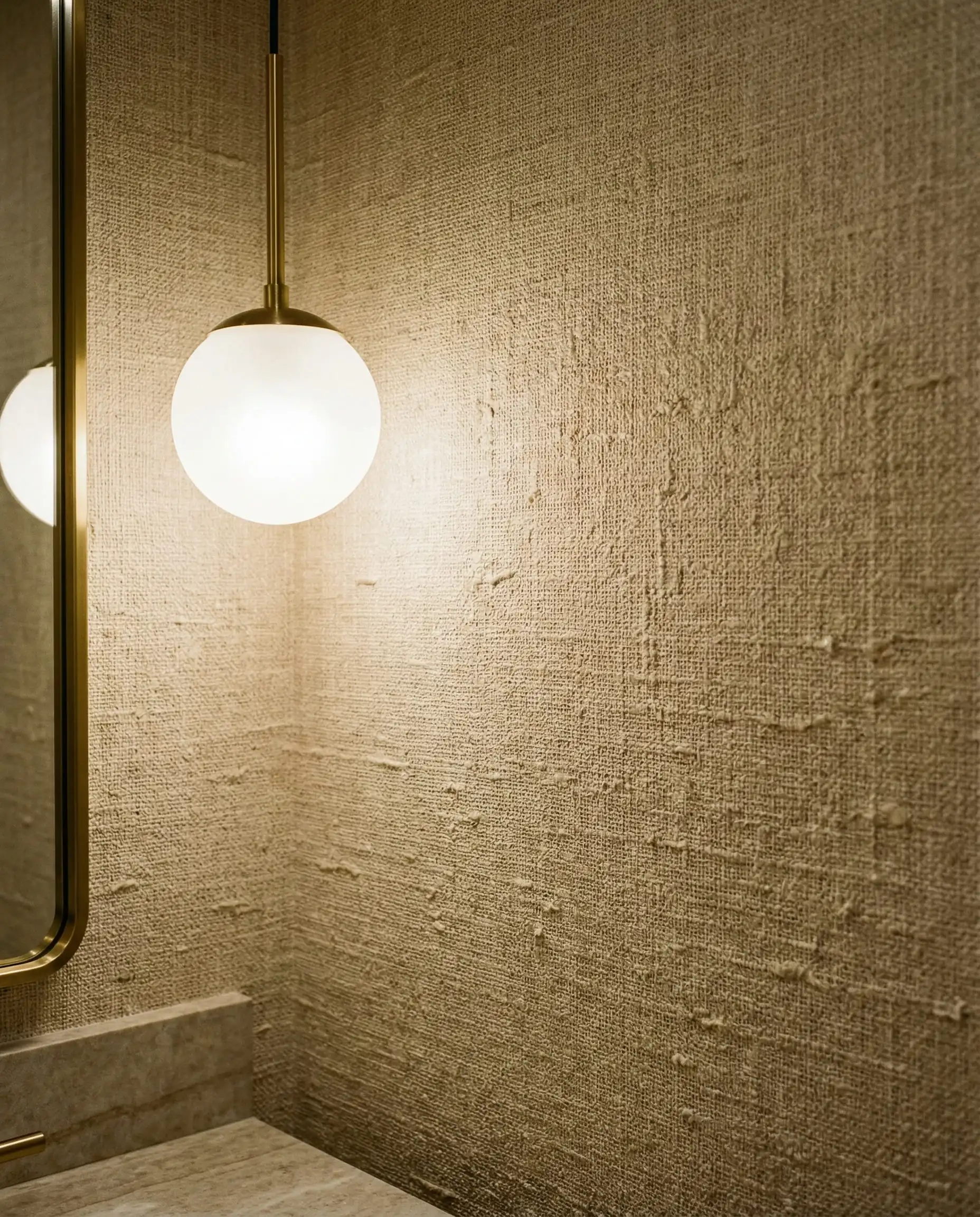 Un gros plan d'un mur de salle d'eau recouvert d'un papier peint vinyle haut de gamme qui imite parfaitement l'aspect et la texture d'un lin tissé brut ou d'une toile de jonc.