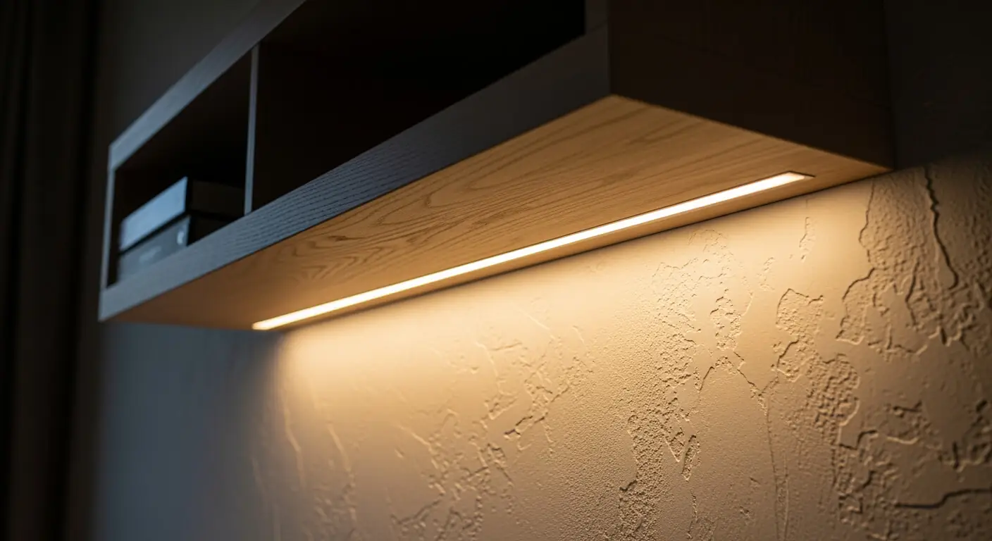 Low angle detail showing warm 3000K LED strip lighting glowing underneath a floating white oak console.