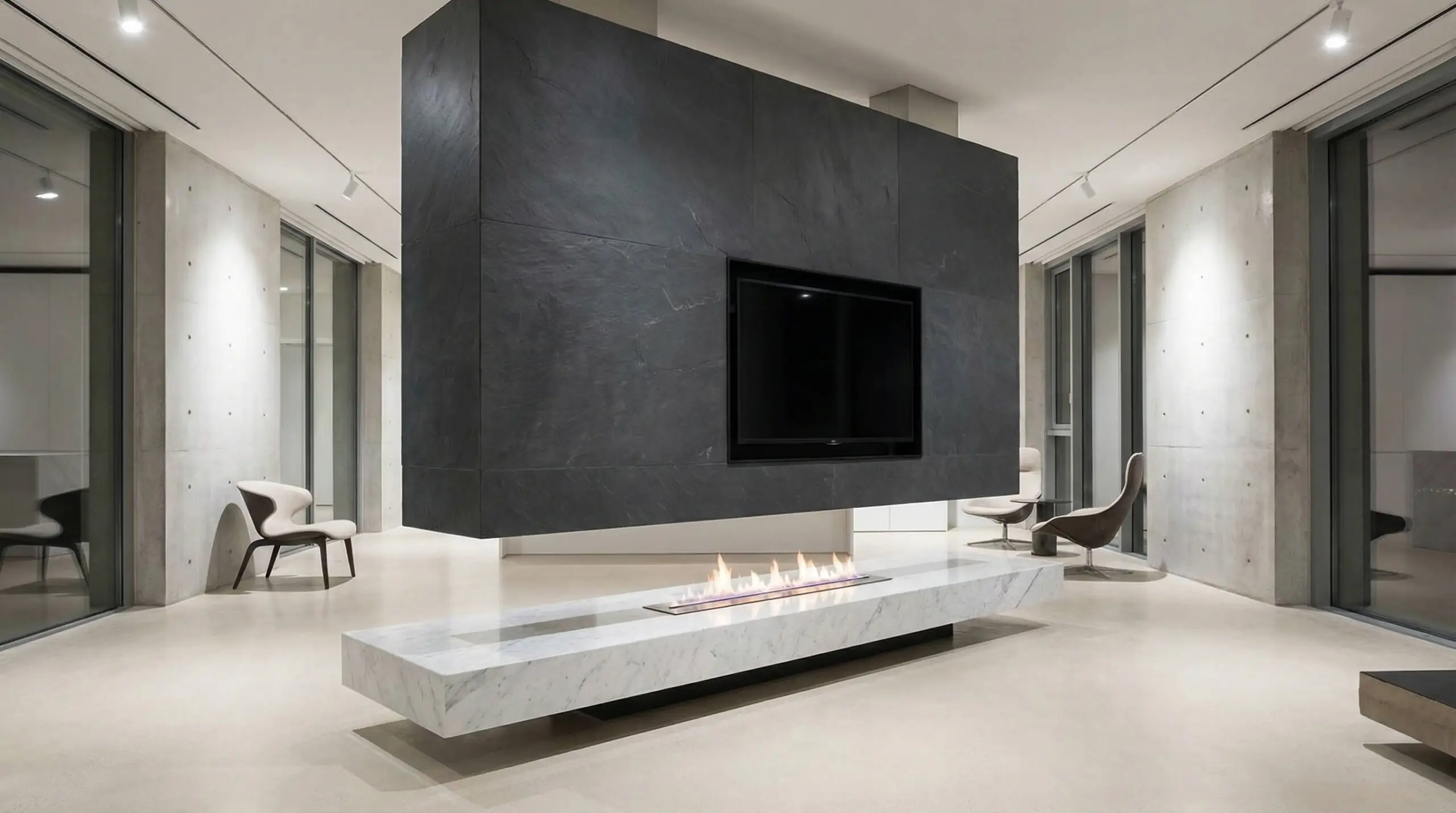 Gravity-defying design with a floating slate stone chimney holding the TV and a separate floating marble hearth below.