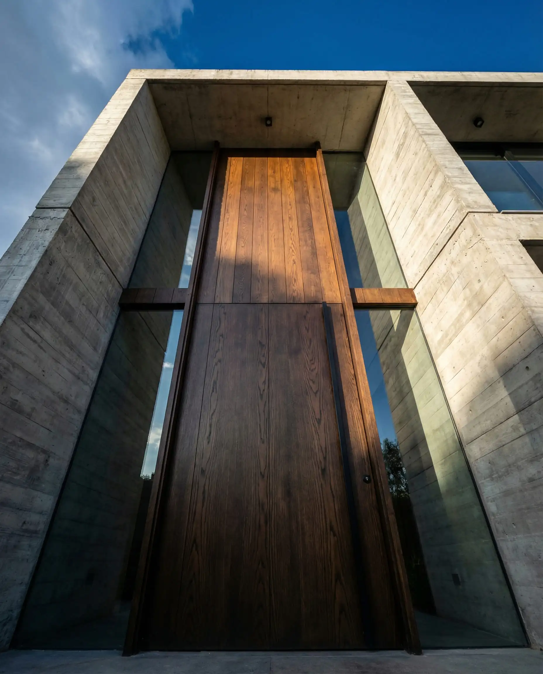 Floor to ceiling dark wood front door design with integrated transom panel reaching the roofline.