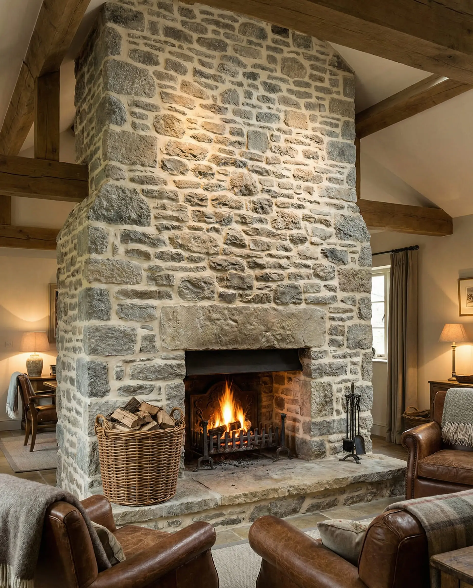 Rustic living room fireplace clad in over-grouted natural stone without a wooden mantel.