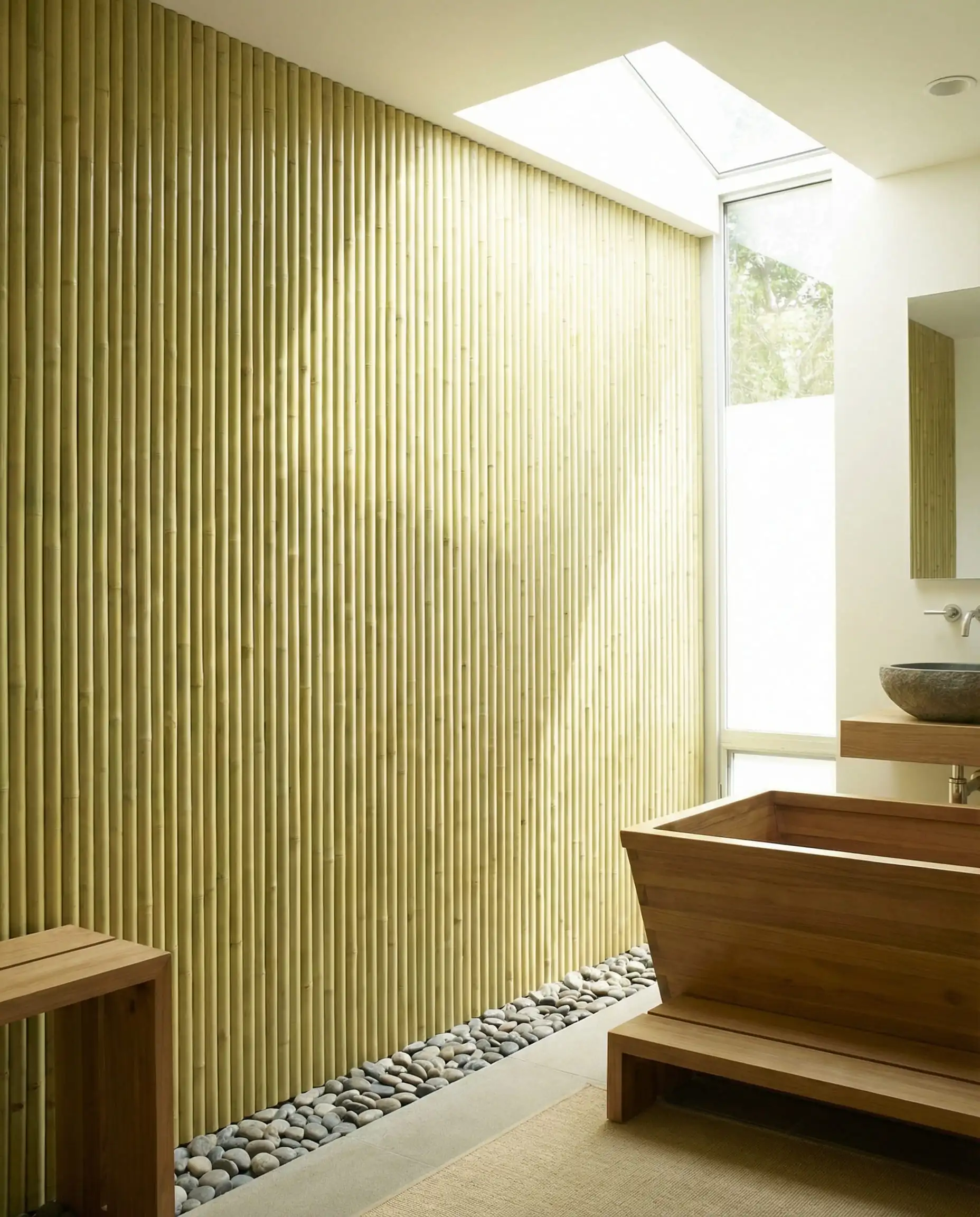 Un mur d'accent dans une salle de bain de type spa recouvert d'un revêtement en bambou cannelé vertical, dimensionnel et très serré.