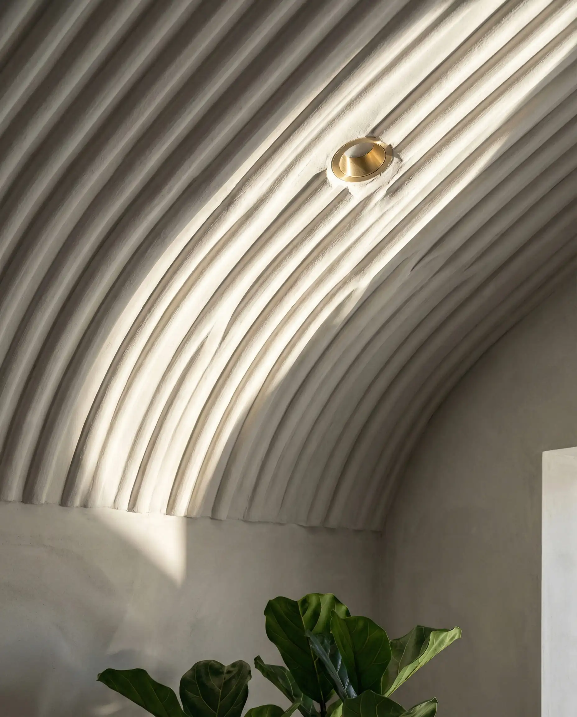 Gros plan sur un panneau de faux plafond en plâtre cannelé, avec des nervures profondes et un spot encastré à déflecteur doré.
