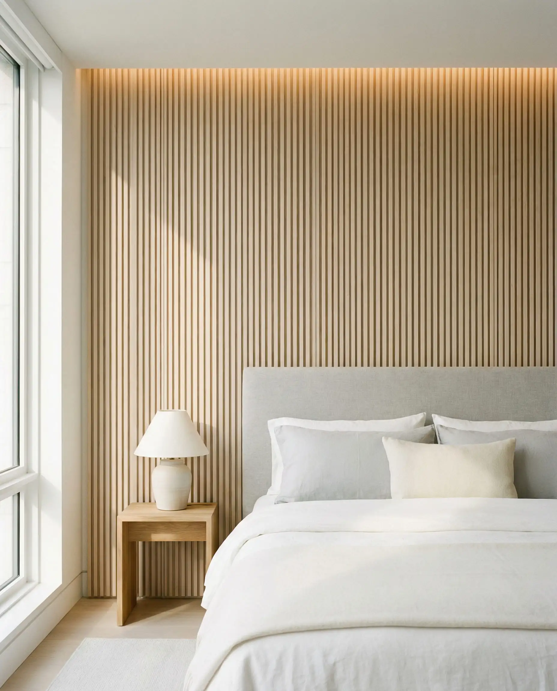 A serene bedroom with the headboard wall featuring floor-to-ceiling 'micro-fluting'—very thin, high-density vertical slats of bleached white oak. This bedroom features Bleached white oak, pale grey, and crisp white bedding tones and a tranquil, warm minimalism, subtle texture atmosphere.