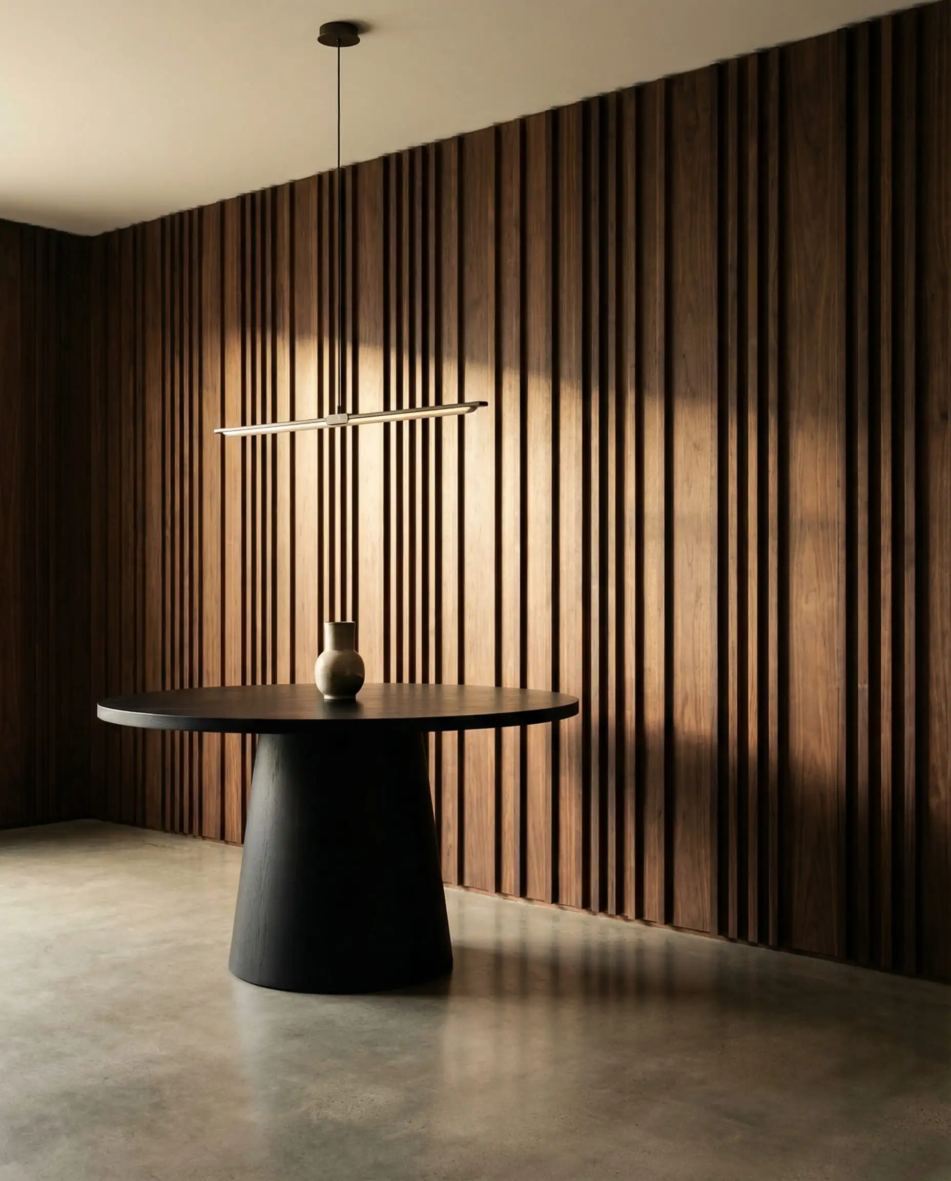 A minimalist dining room with an entire wall covered in wide, dark-stained walnut fluted panels with asymmetrical spacing. This dining room features Rich walnut brown, matte black, and warm cream from the reflected light tones and a dramatic, sophisticated, architectural atmosphere.