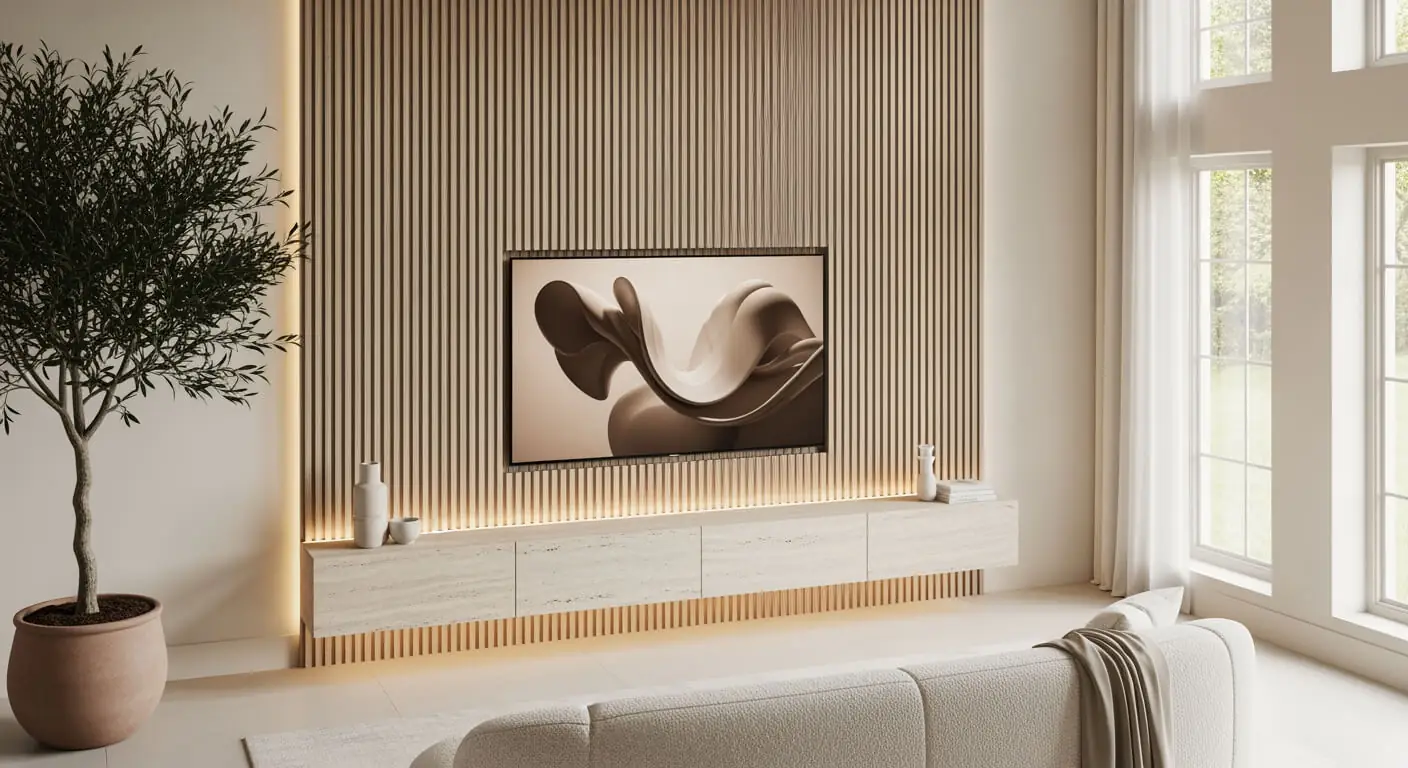 A bright 2026 living room featuring a floor-to-ceiling fluted white oak media wall with a floating travertine stone console and biophilic decor.
