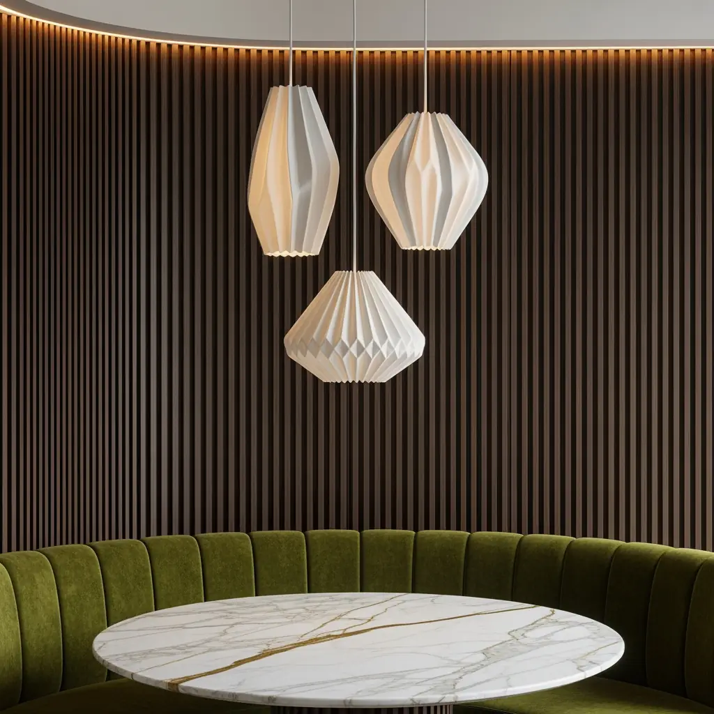 Three folded ceramic pendants, resembling white fabric, hang over a round marble table and olive green banquette in a cozy nook.