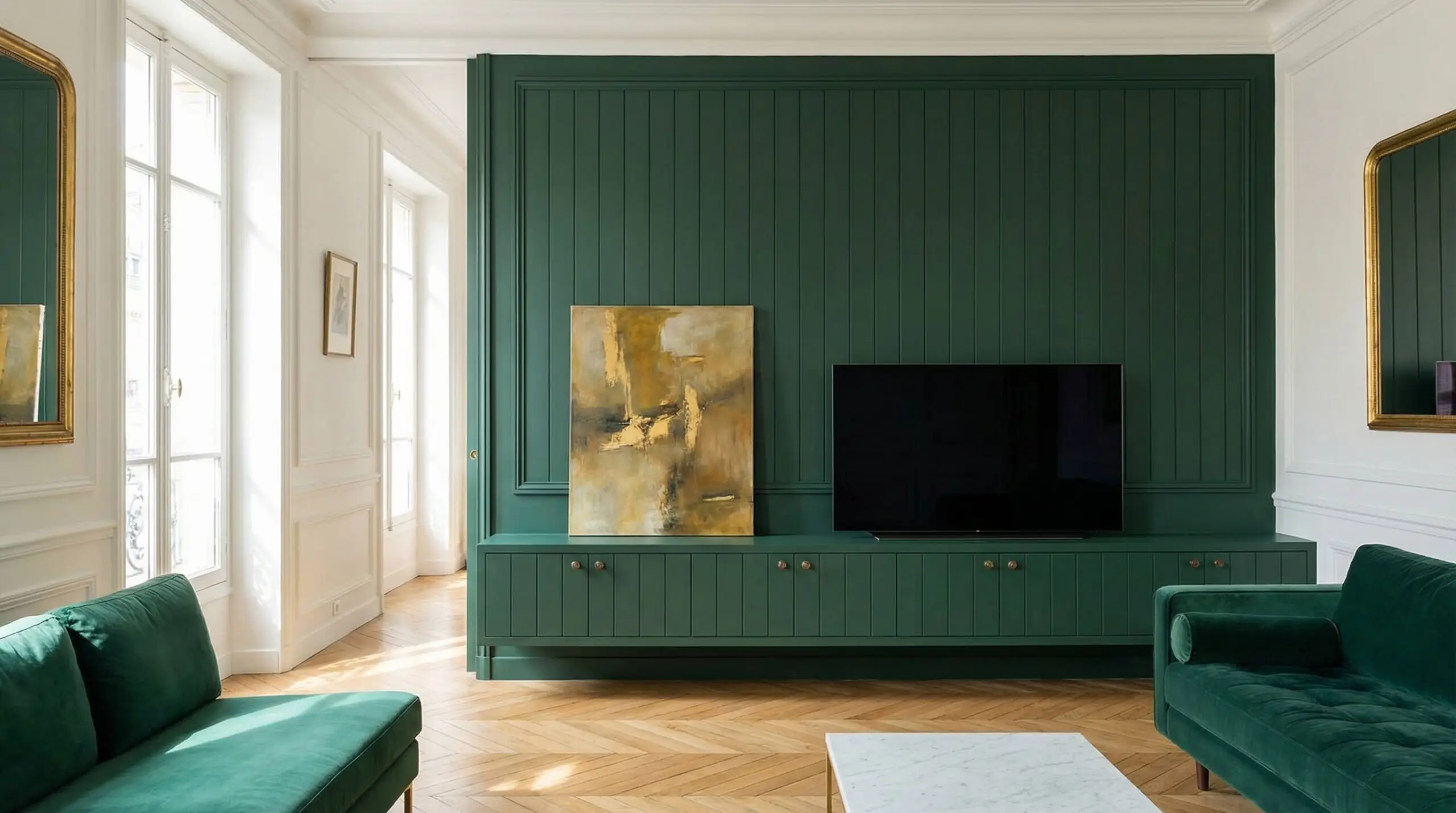 Floor-to-ceiling shiplap media wall painted in matte Forest Green featuring a matching floating shelf and antique brass hardware.