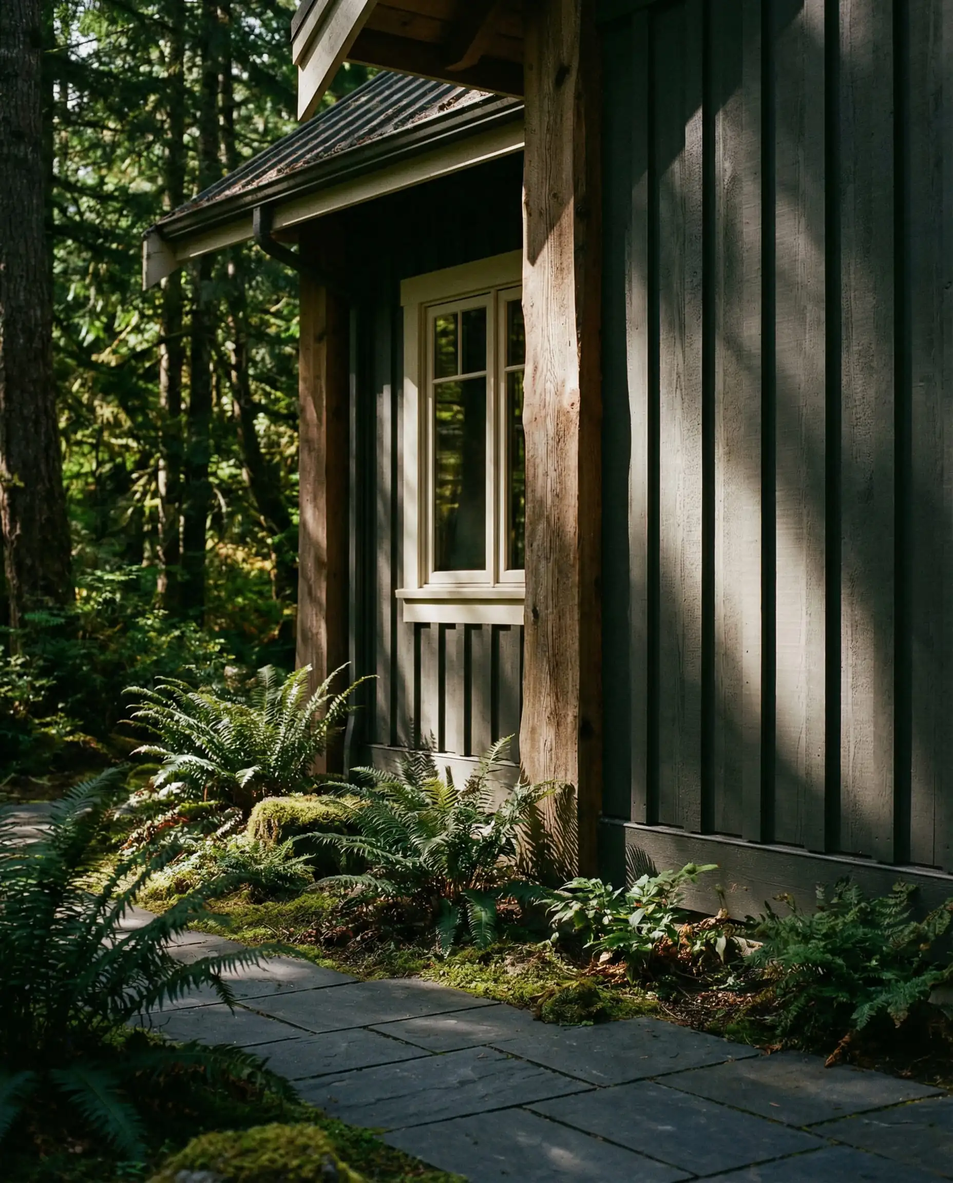 Visual vignette of Pewter Green siding and natural cedar wood representing the Forest Retreat palette.