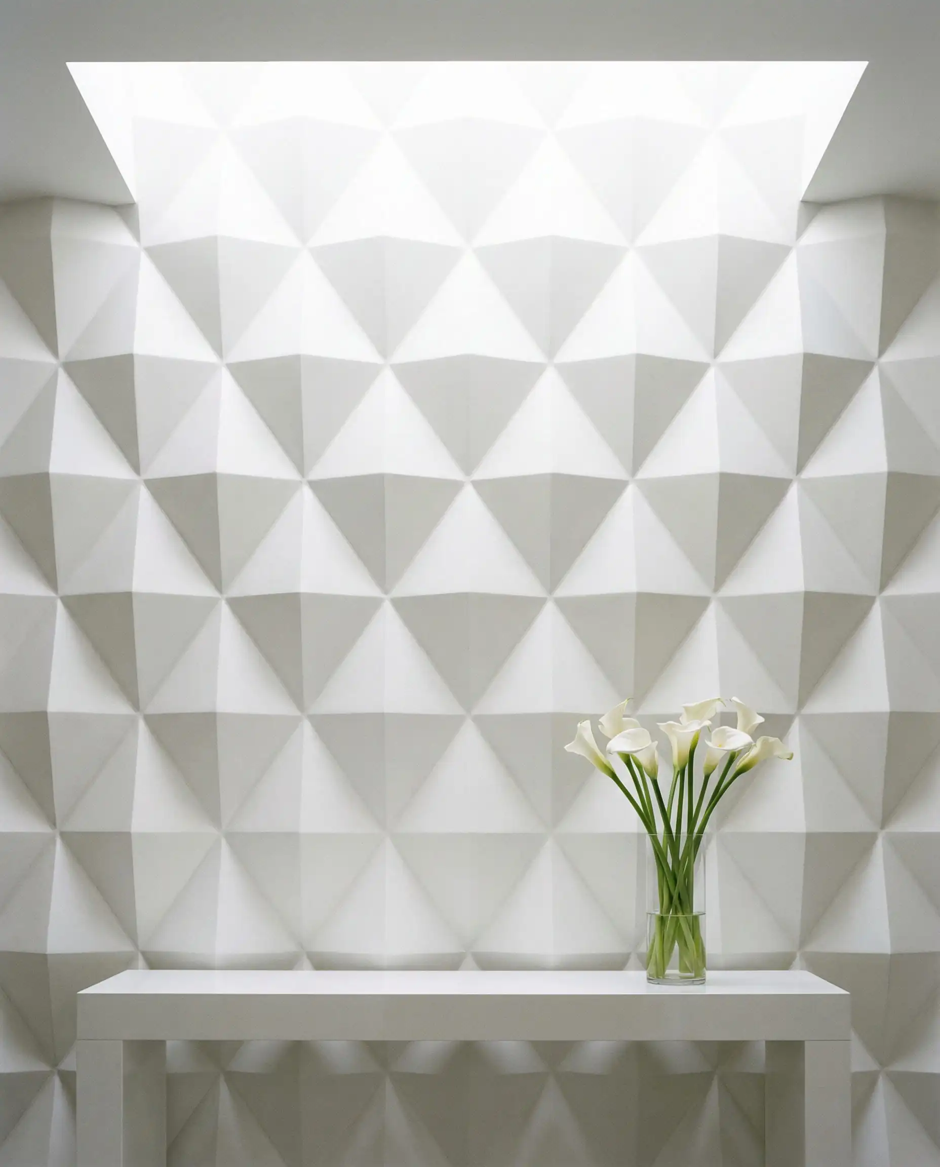 Plafond du hall d'entrée revêtu de panneaux blancs à motifs géométriques en losange 3D avec relief d'ombre.