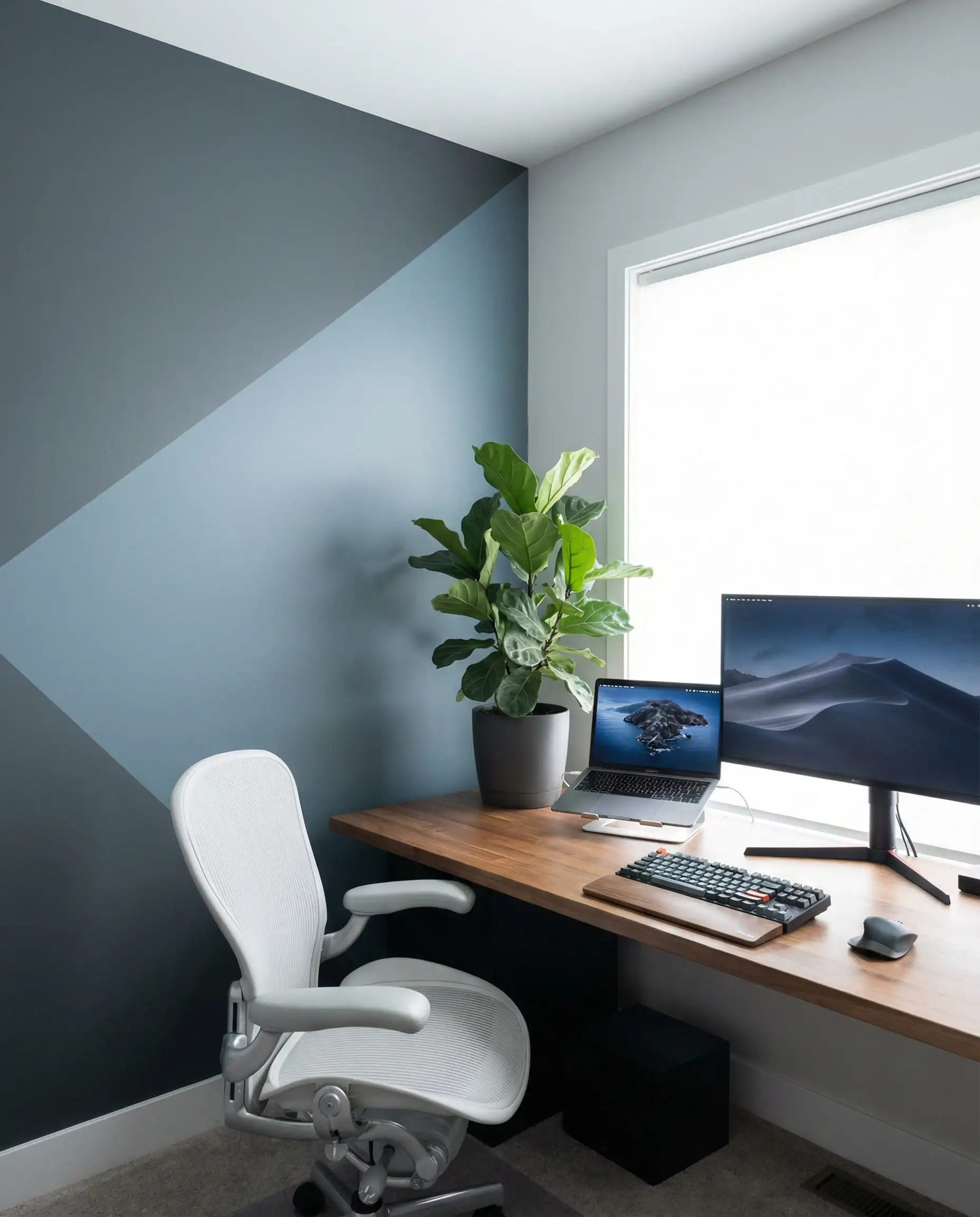 Bureau à domicile moderne avec un mur d'accent mural géométrique bleu ardoise et gris atténué.
