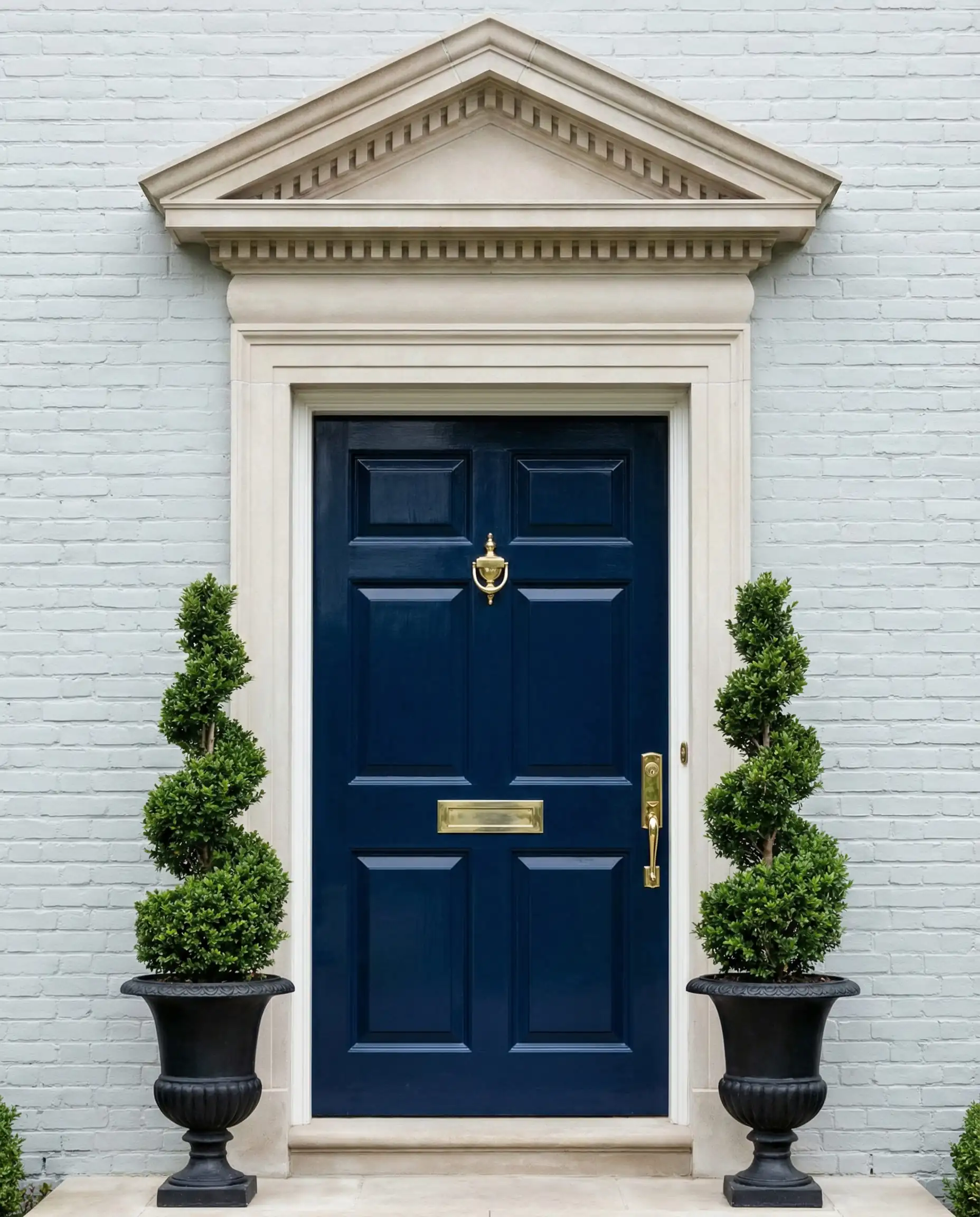 Symmetrical Georgian Colonial home painted in soft French Grey with a navy blue front door.