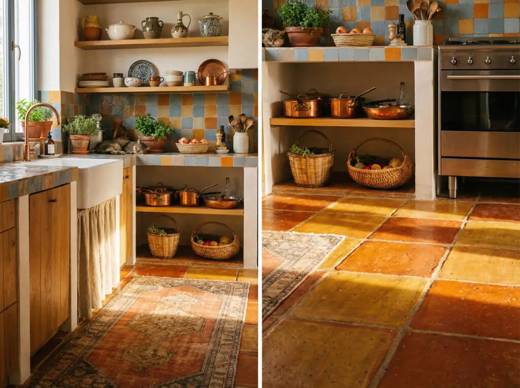 Une cuisine chaleureuse de style méditerranéen, ornée de carreaux de terre cuite carrés faits main aux riches variations de couleurs rouille et ocre et aux textures rustiques et imparfaites.