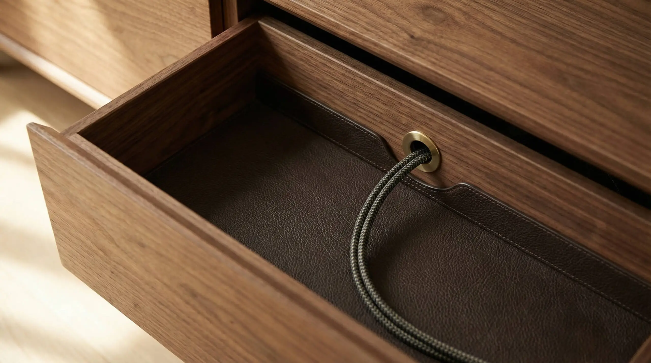 High-angle view inside a walnut media drawer showing a leather-lined compartment with organized cables and power strip.